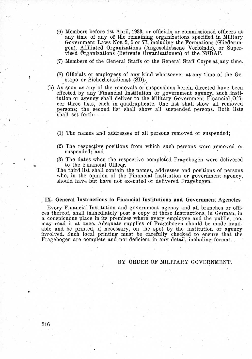 Das Recht der Besatzungsmacht (Deutschland), Proklamationen, Deklerationen, Verordnungen, Gesetze und Bekanntmachungen 1947, Seite 216 (R. Bes. Dtl. 1947, S. 216)