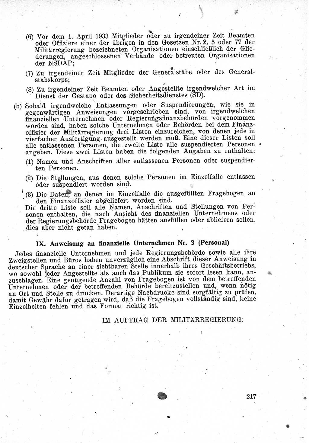 Das Recht der Besatzungsmacht (Deutschland), Proklamationen, Deklerationen, Verordnungen, Gesetze und Bekanntmachungen 1947, Seite 217 (R. Bes. Dtl. 1947, S. 217)