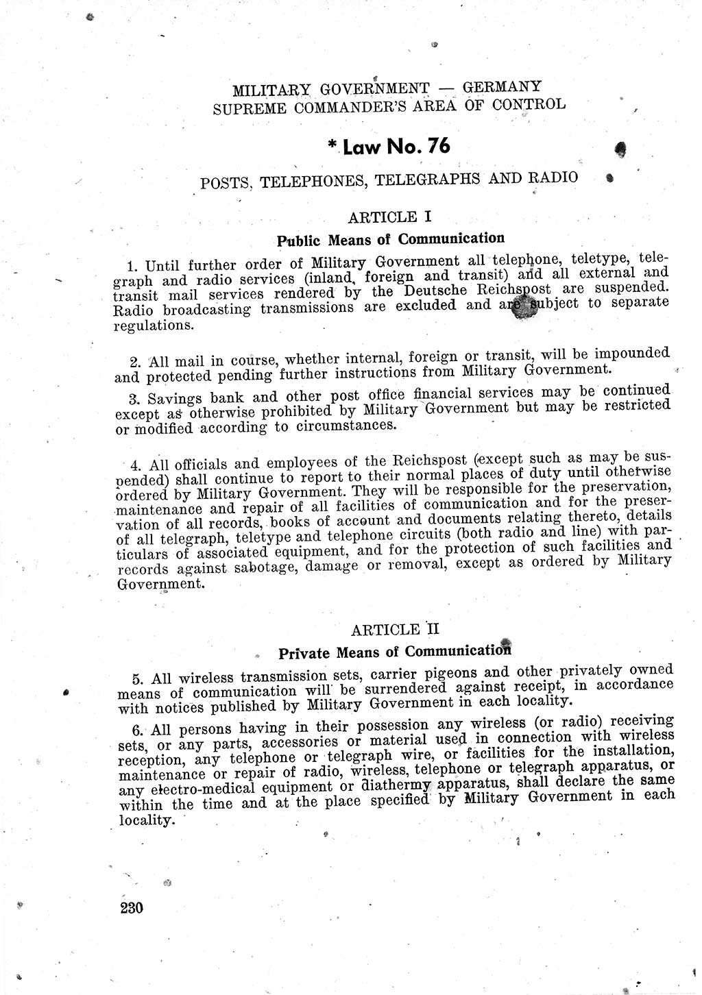 Das Recht der Besatzungsmacht (Deutschland), Proklamationen, Deklerationen, Verordnungen, Gesetze und Bekanntmachungen 1947, Seite 230 (R. Bes. Dtl. 1947, S. 230)