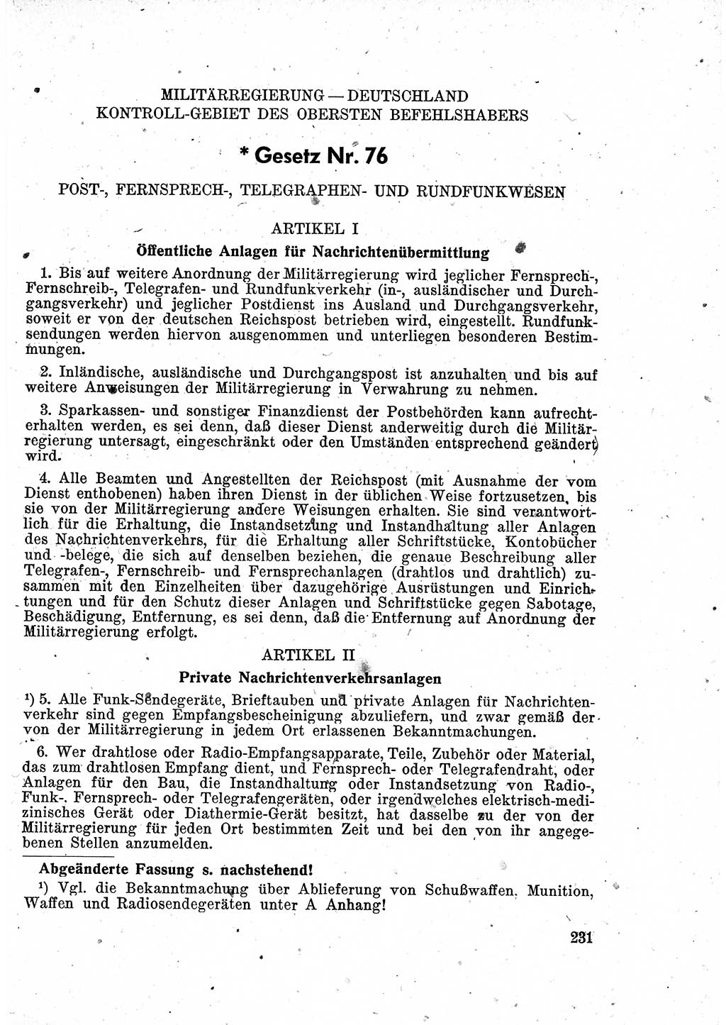 Das Recht der Besatzungsmacht (Deutschland), Proklamationen, Deklerationen, Verordnungen, Gesetze und Bekanntmachungen 1947, Seite 231 (R. Bes. Dtl. 1947, S. 231)