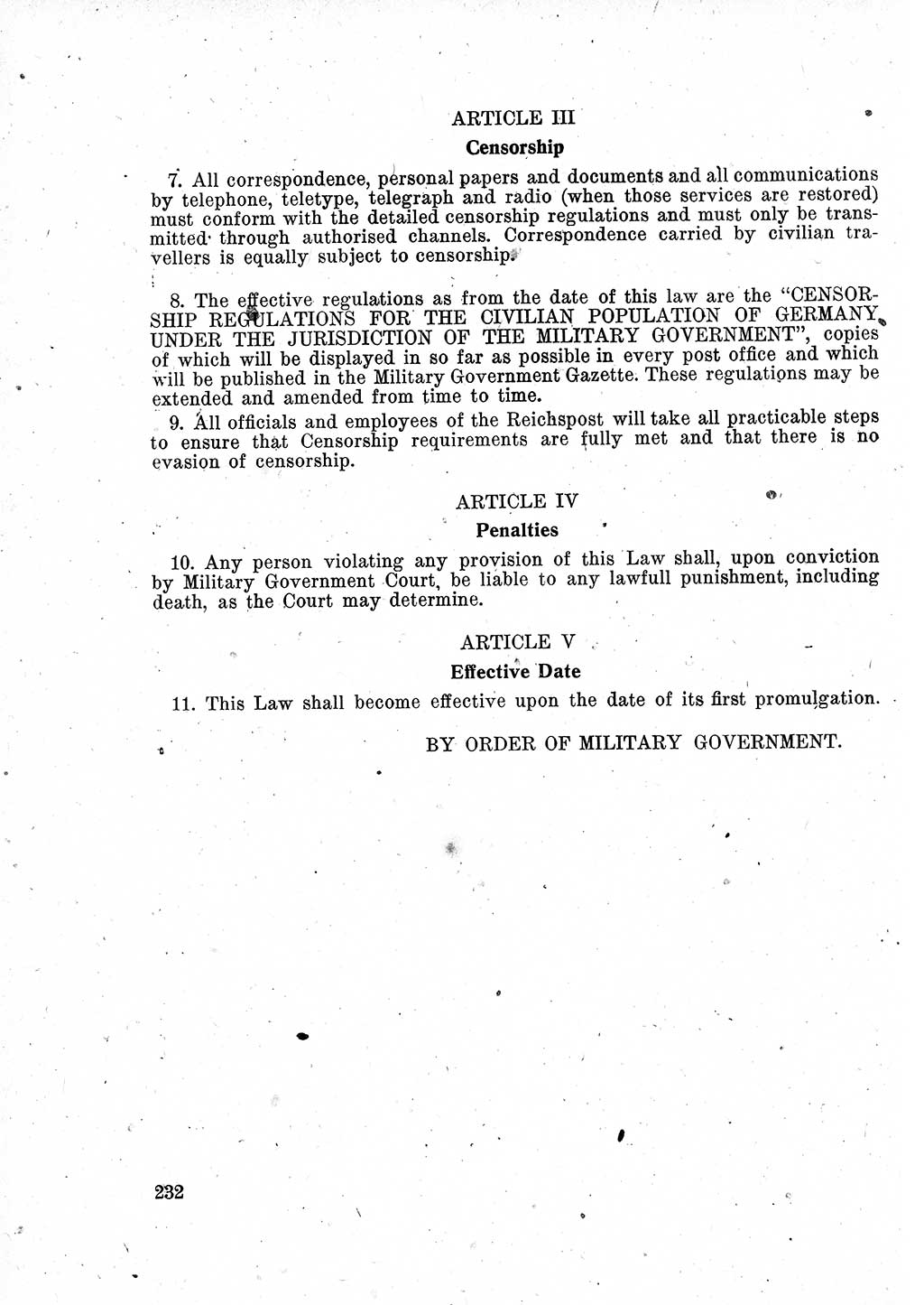 Das Recht der Besatzungsmacht (Deutschland), Proklamationen, Deklerationen, Verordnungen, Gesetze und Bekanntmachungen 1947, Seite 232 (R. Bes. Dtl. 1947, S. 232)