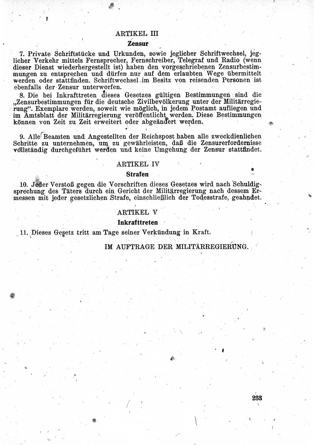 Das Recht der Besatzungsmacht (Deutschland), Proklamationen, Deklerationen, Verordnungen, Gesetze und Bekanntmachungen 1947, Seite 233 (R. Bes. Dtl. 1947, S. 233)