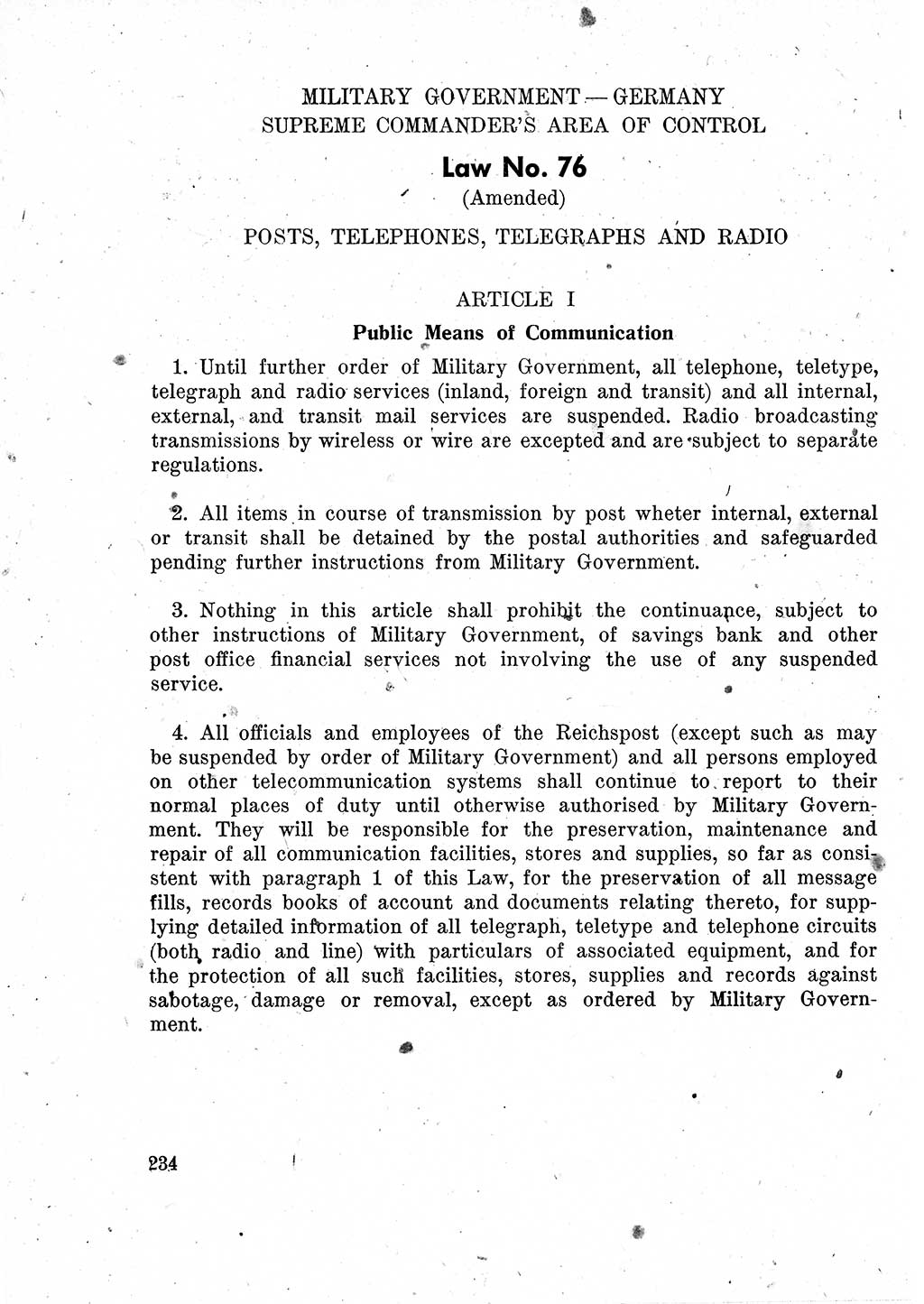 Das Recht der Besatzungsmacht (Deutschland), Proklamationen, Deklerationen, Verordnungen, Gesetze und Bekanntmachungen 1947, Seite 234 (R. Bes. Dtl. 1947, S. 234)