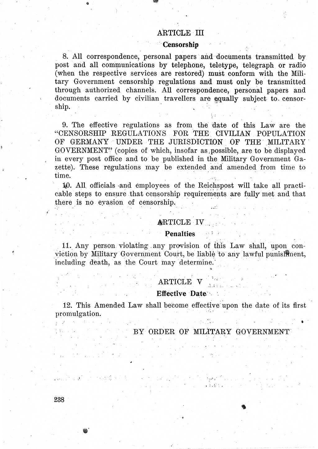 Das Recht der Besatzungsmacht (Deutschland), Proklamationen, Deklerationen, Verordnungen, Gesetze und Bekanntmachungen 1947, Seite 238 (R. Bes. Dtl. 1947, S. 238)