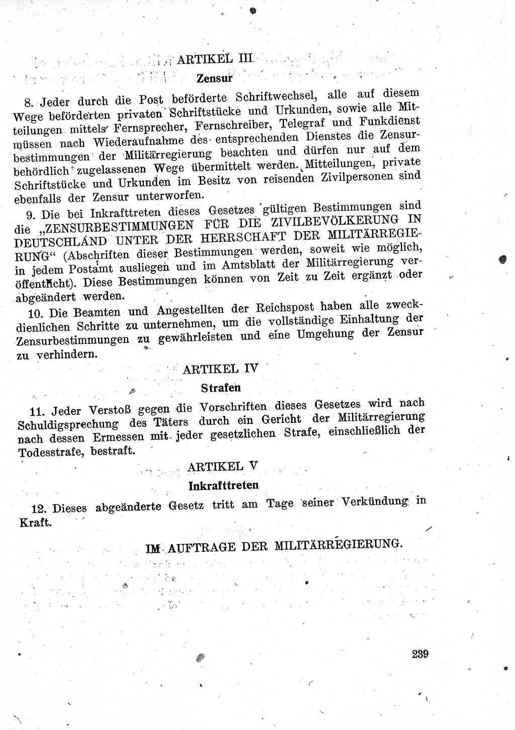 Das Recht der Besatzungsmacht (Deutschland), Proklamationen, Deklerationen, Verordnungen, Gesetze und Bekanntmachungen 1947, Seite 239 (R. Bes. Dtl. 1947, S. 239)