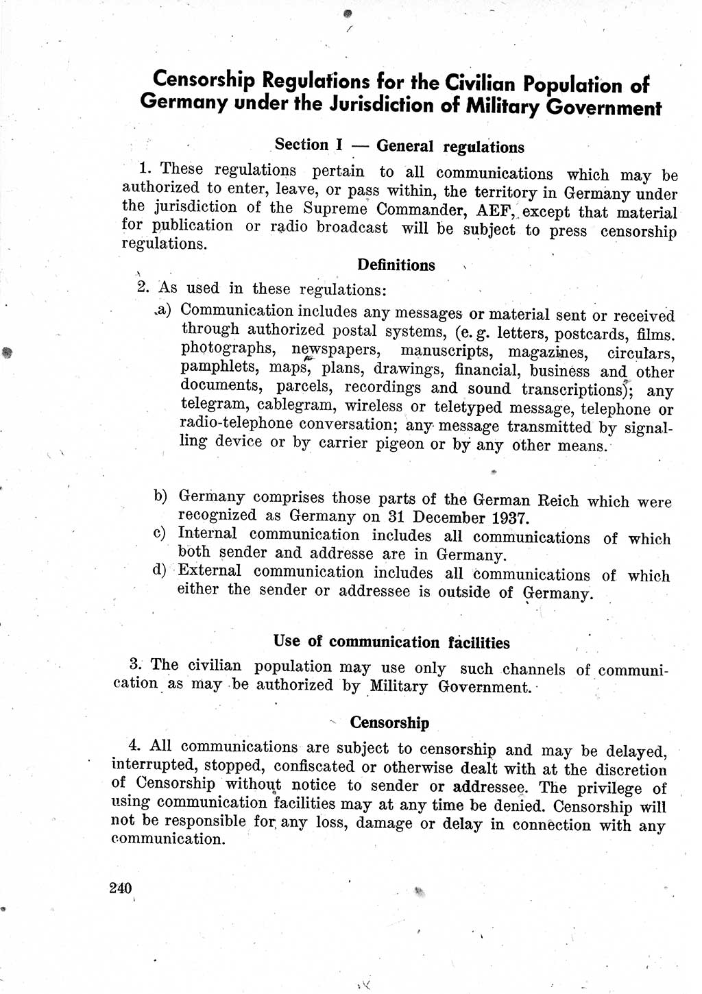 Das Recht der Besatzungsmacht (Deutschland), Proklamationen, Deklerationen, Verordnungen, Gesetze und Bekanntmachungen 1947, Seite 240 (R. Bes. Dtl. 1947, S. 240)