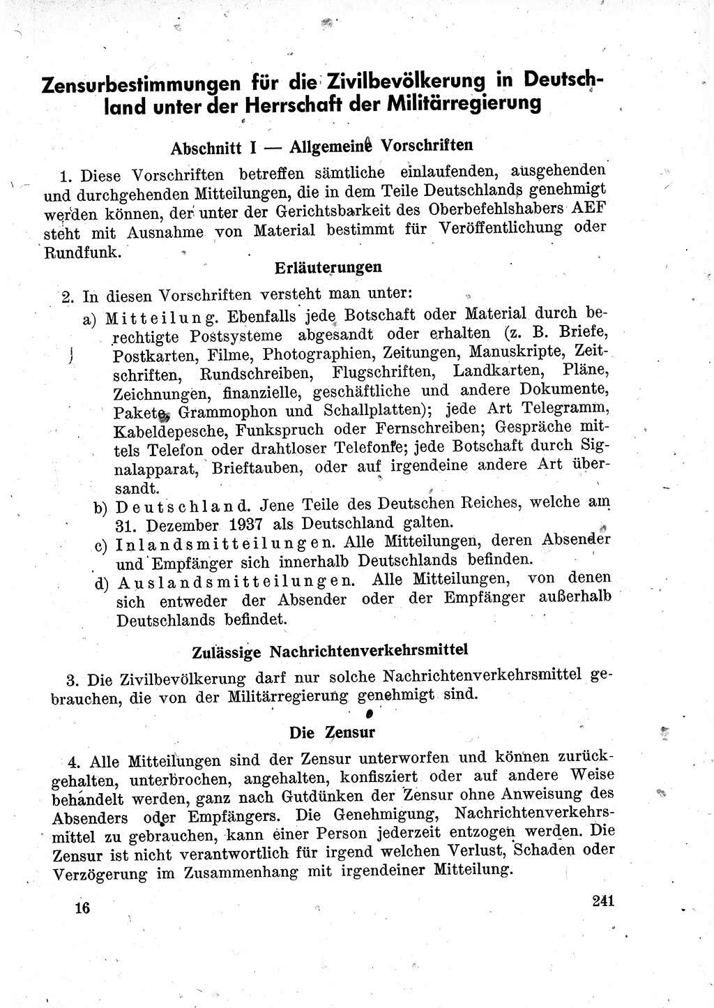 Das Recht der Besatzungsmacht (Deutschland), Proklamationen, Deklerationen, Verordnungen, Gesetze und Bekanntmachungen 1947, Seite 241 (R. Bes. Dtl. 1947, S. 241)