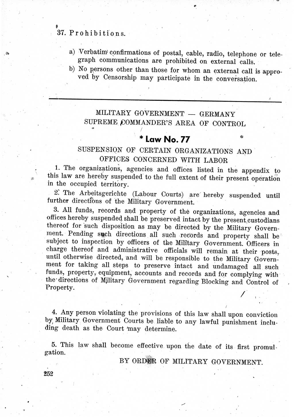 Das Recht der Besatzungsmacht (Deutschland), Proklamationen, Deklerationen, Verordnungen, Gesetze und Bekanntmachungen 1947, Seite 252 (R. Bes. Dtl. 1947, S. 252)