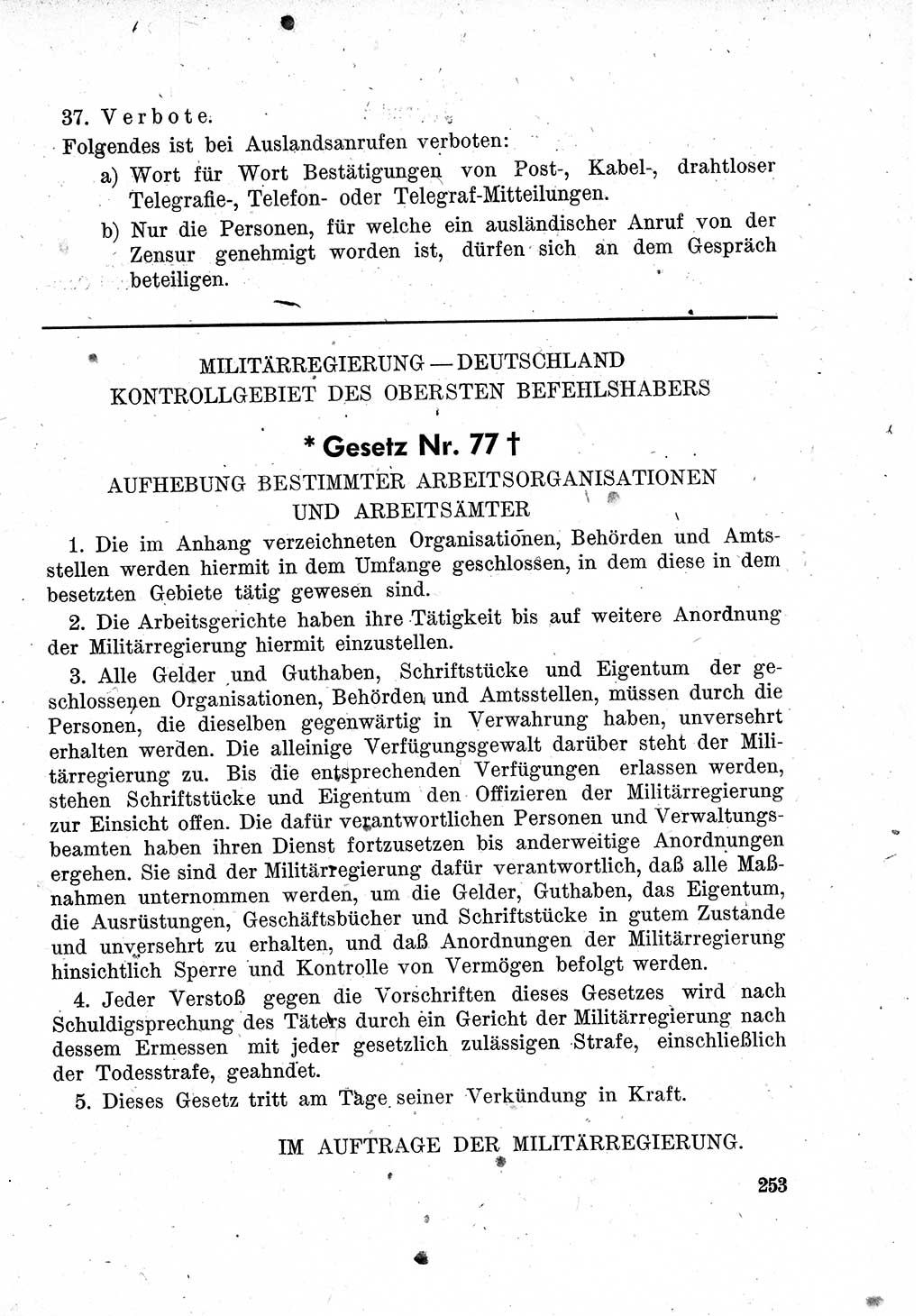Das Recht der Besatzungsmacht (Deutschland), Proklamationen, Deklerationen, Verordnungen, Gesetze und Bekanntmachungen 1947, Seite 253 (R. Bes. Dtl. 1947, S. 253)