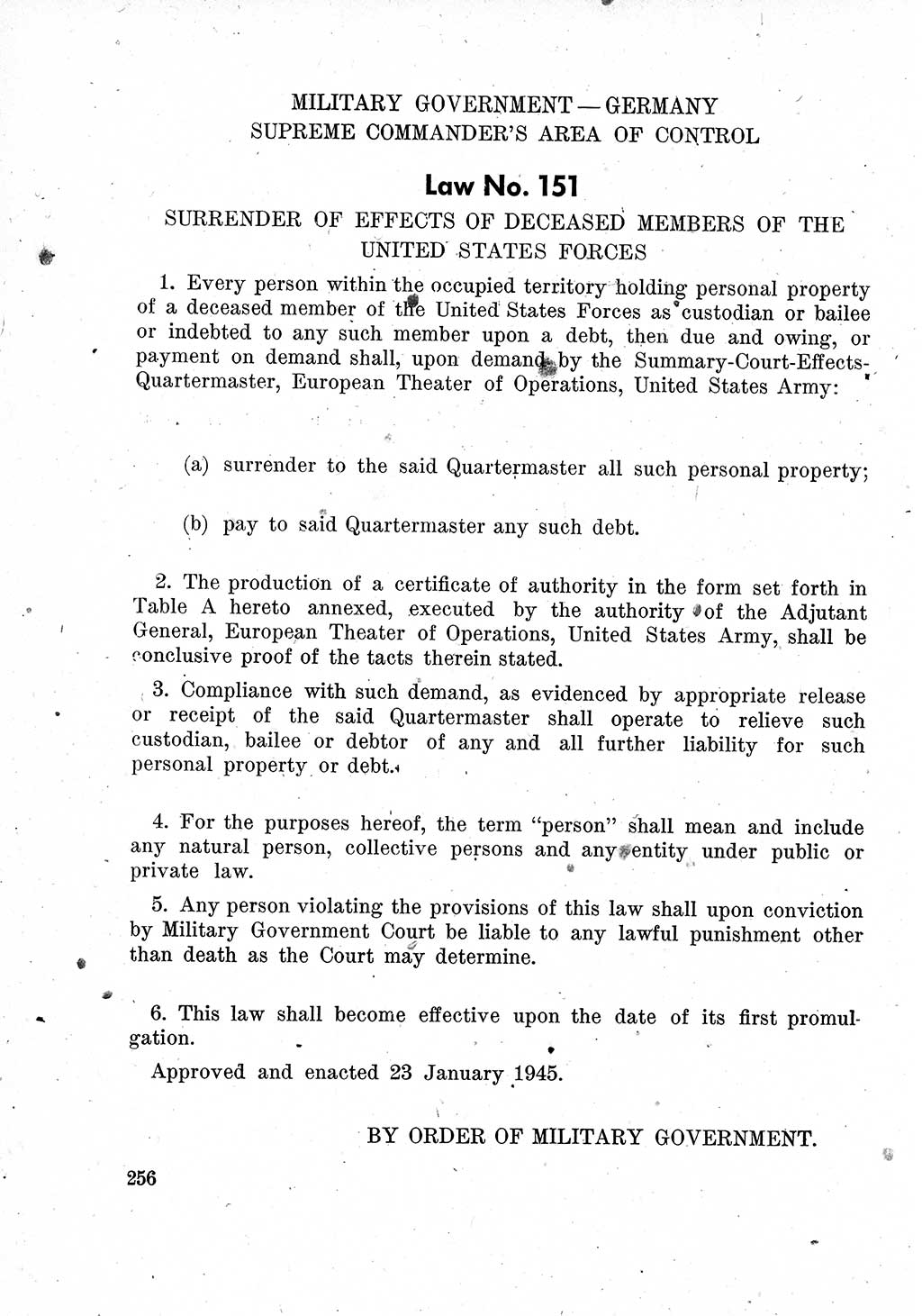 Das Recht der Besatzungsmacht (Deutschland), Proklamationen, Deklerationen, Verordnungen, Gesetze und Bekanntmachungen 1947, Seite 256 (R. Bes. Dtl. 1947, S. 256)