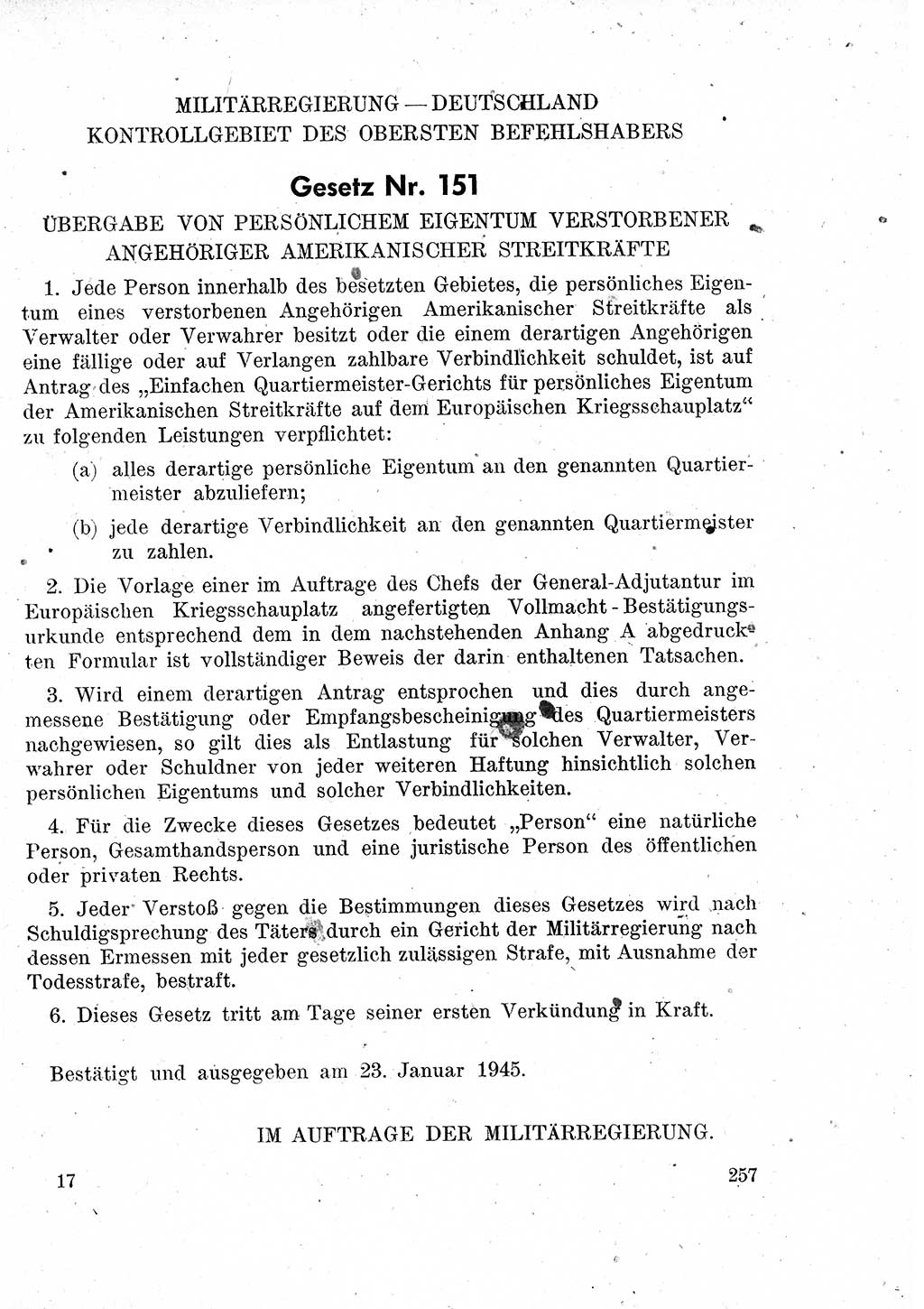 Das Recht der Besatzungsmacht (Deutschland), Proklamationen, Deklerationen, Verordnungen, Gesetze und Bekanntmachungen 1947, Seite 257 (R. Bes. Dtl. 1947, S. 257)