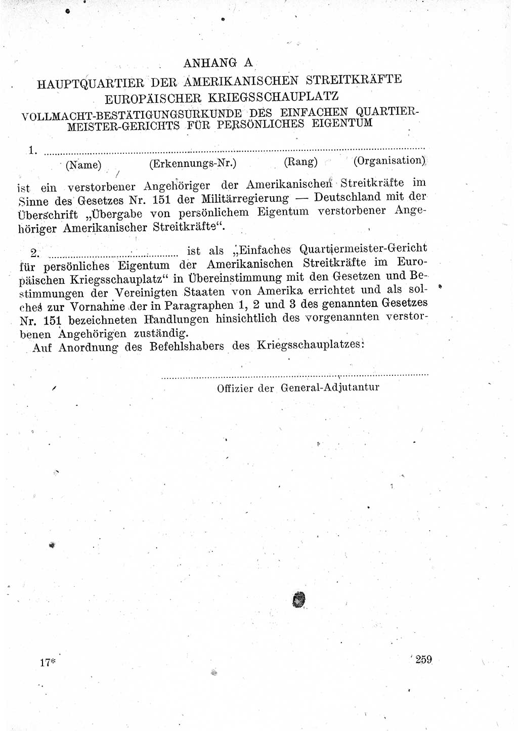 Das Recht der Besatzungsmacht (Deutschland), Proklamationen, Deklerationen, Verordnungen, Gesetze und Bekanntmachungen 1947, Seite 259 (R. Bes. Dtl. 1947, S. 259)
