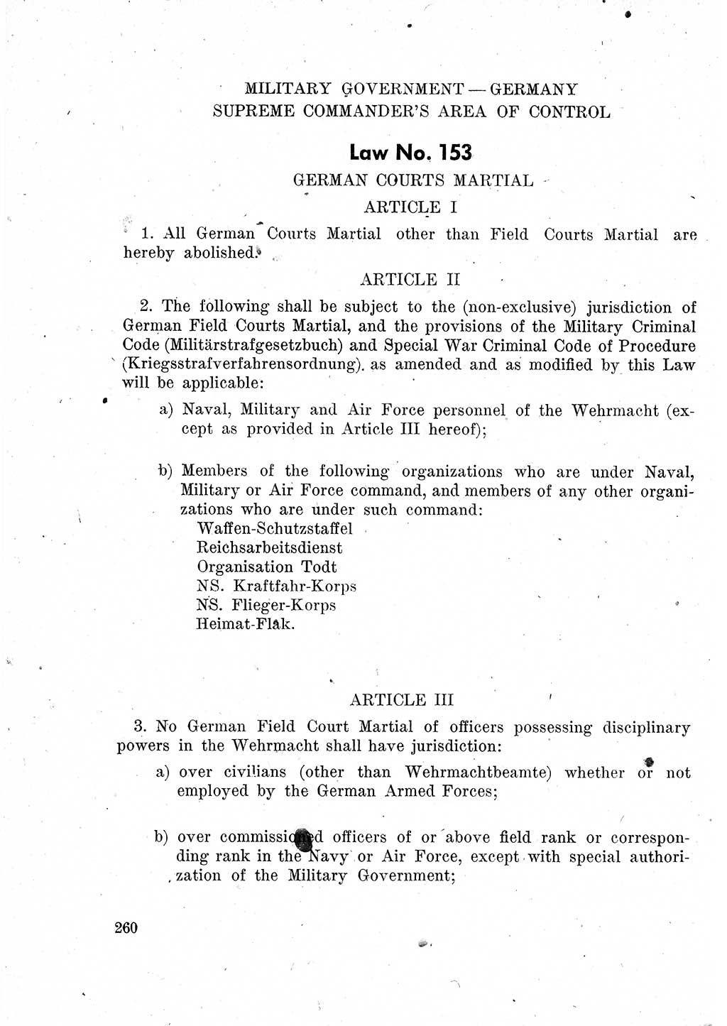 Das Recht der Besatzungsmacht (Deutschland), Proklamationen, Deklerationen, Verordnungen, Gesetze und Bekanntmachungen 1947, Seite 260 (R. Bes. Dtl. 1947, S. 260)