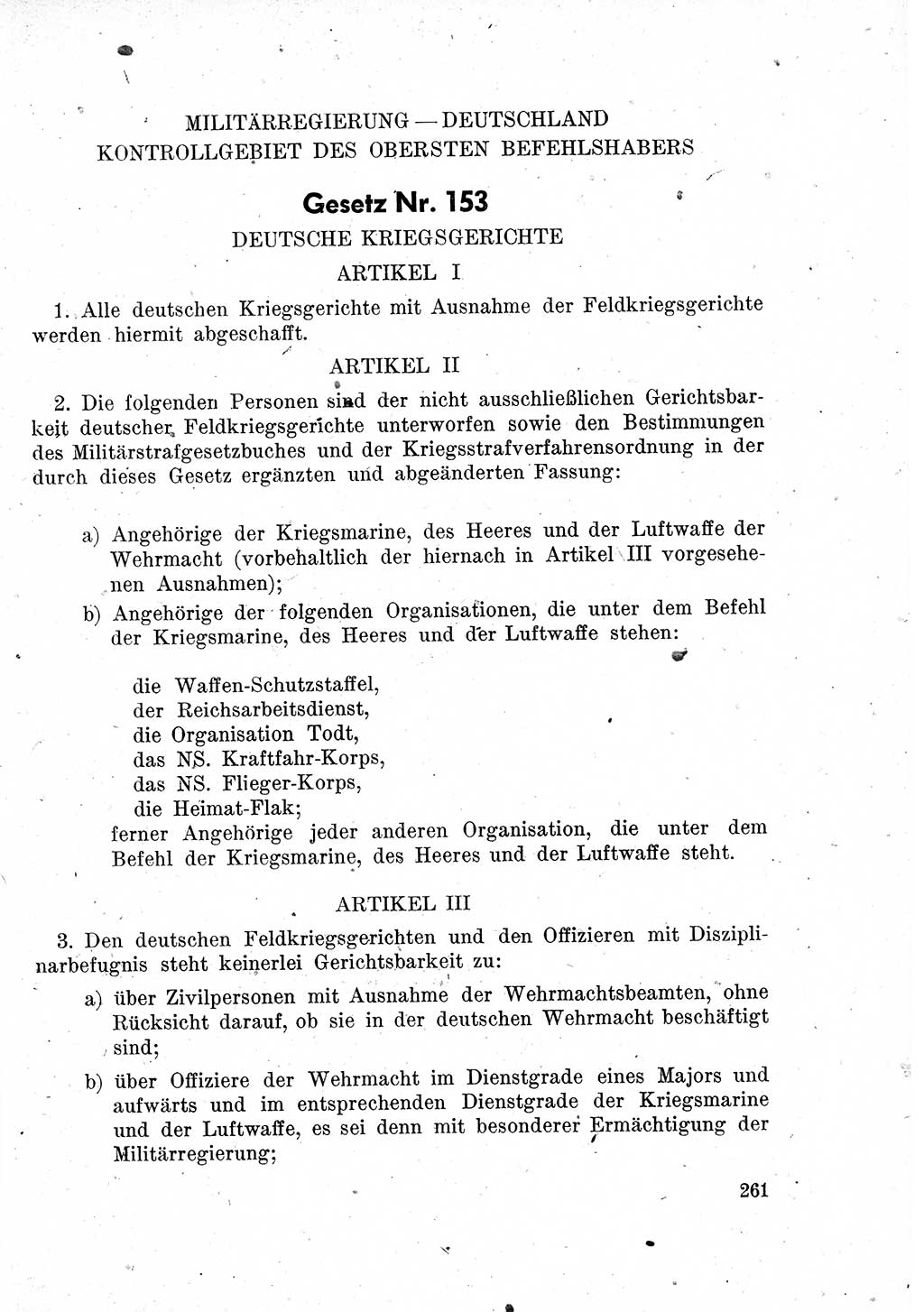 Das Recht der Besatzungsmacht (Deutschland), Proklamationen, Deklerationen, Verordnungen, Gesetze und Bekanntmachungen 1947, Seite 261 (R. Bes. Dtl. 1947, S. 261)