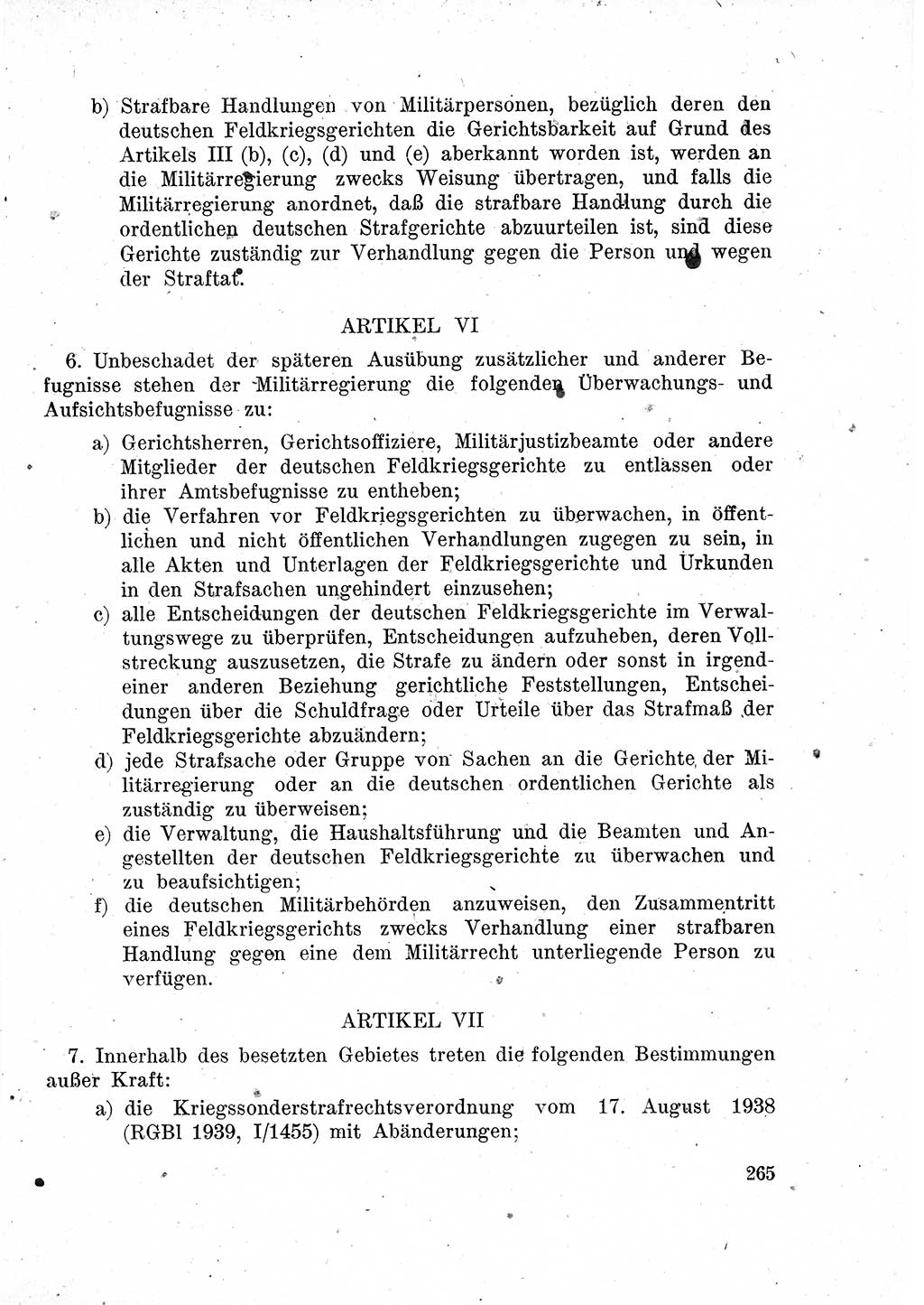 Das Recht der Besatzungsmacht (Deutschland), Proklamationen, Deklerationen, Verordnungen, Gesetze und Bekanntmachungen 1947, Seite 265 (R. Bes. Dtl. 1947, S. 265)