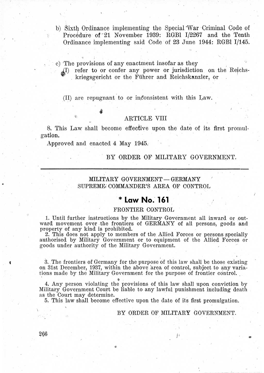 Das Recht der Besatzungsmacht (Deutschland), Proklamationen, Deklerationen, Verordnungen, Gesetze und Bekanntmachungen 1947, Seite 266 (R. Bes. Dtl. 1947, S. 266)