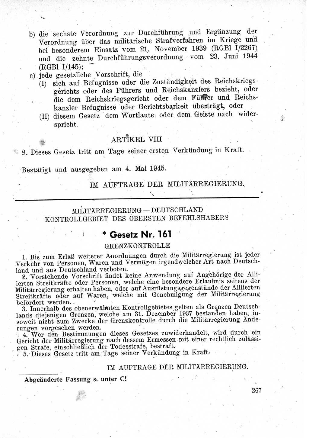 Das Recht der Besatzungsmacht (Deutschland), Proklamationen, Deklerationen, Verordnungen, Gesetze und Bekanntmachungen 1947, Seite 267 (R. Bes. Dtl. 1947, S. 267)
