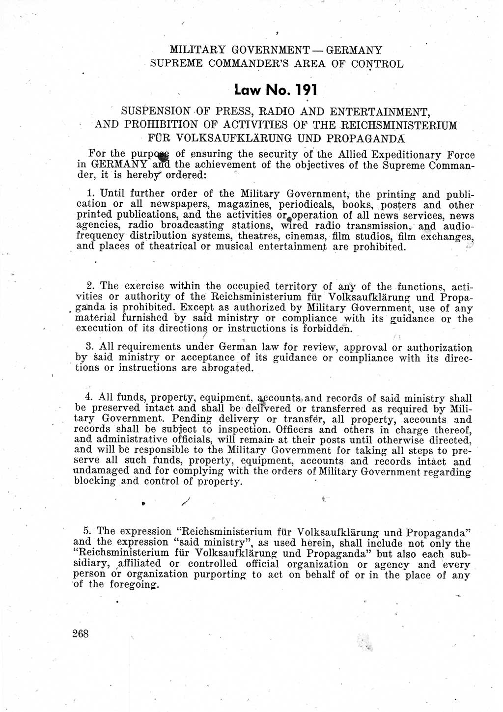 Das Recht der Besatzungsmacht (Deutschland), Proklamationen, Deklerationen, Verordnungen, Gesetze und Bekanntmachungen 1947, Seite 268 (R. Bes. Dtl. 1947, S. 268)
