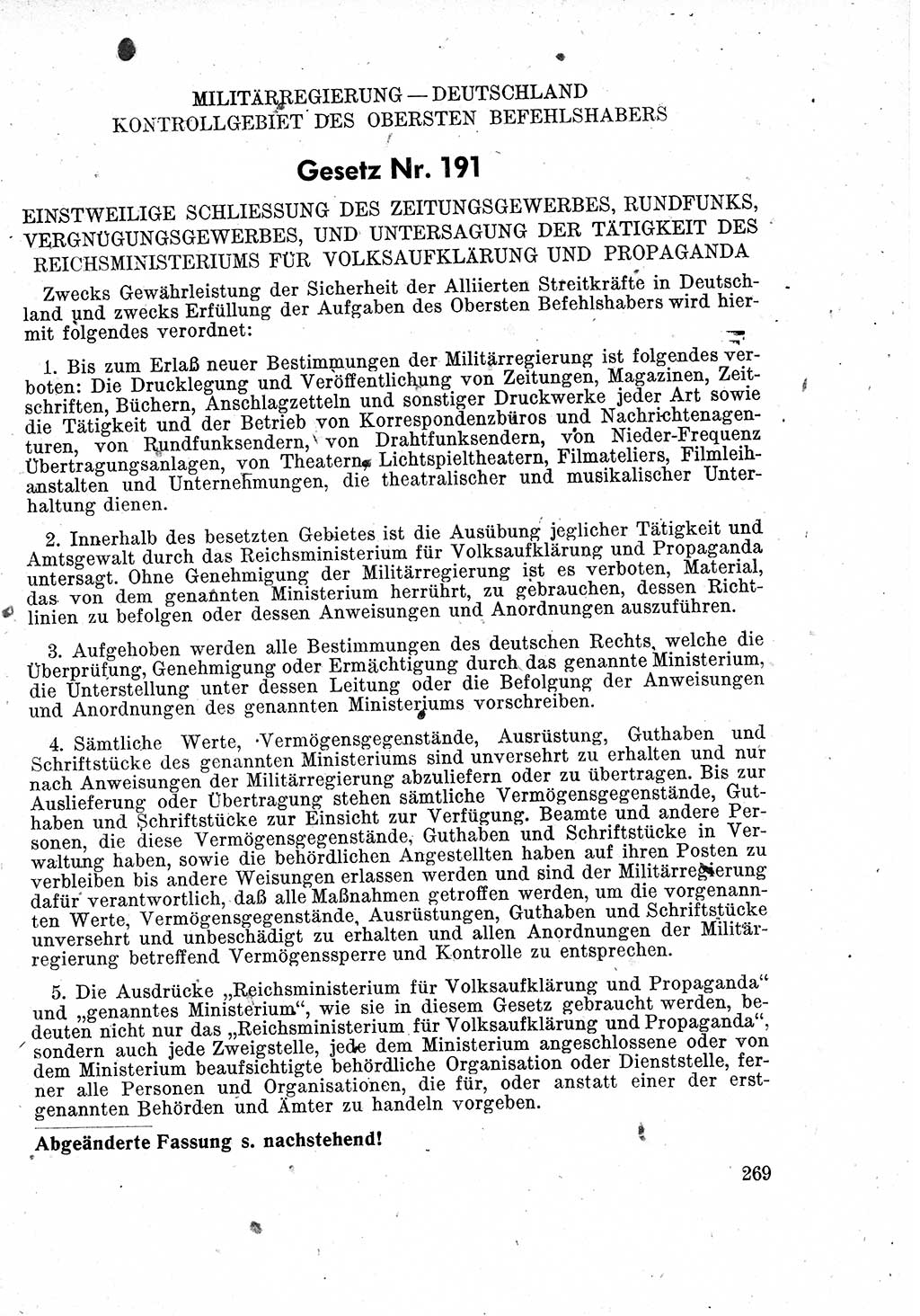 Das Recht der Besatzungsmacht (Deutschland), Proklamationen, Deklerationen, Verordnungen, Gesetze und Bekanntmachungen 1947, Seite 269 (R. Bes. Dtl. 1947, S. 269)