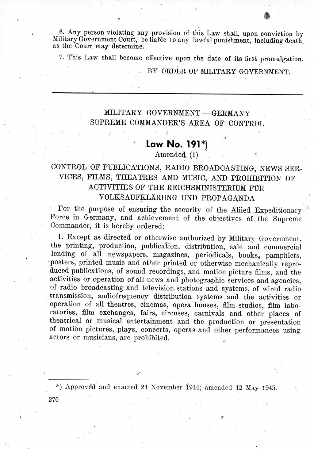Das Recht der Besatzungsmacht (Deutschland), Proklamationen, Deklerationen, Verordnungen, Gesetze und Bekanntmachungen 1947, Seite 270 (R. Bes. Dtl. 1947, S. 270)