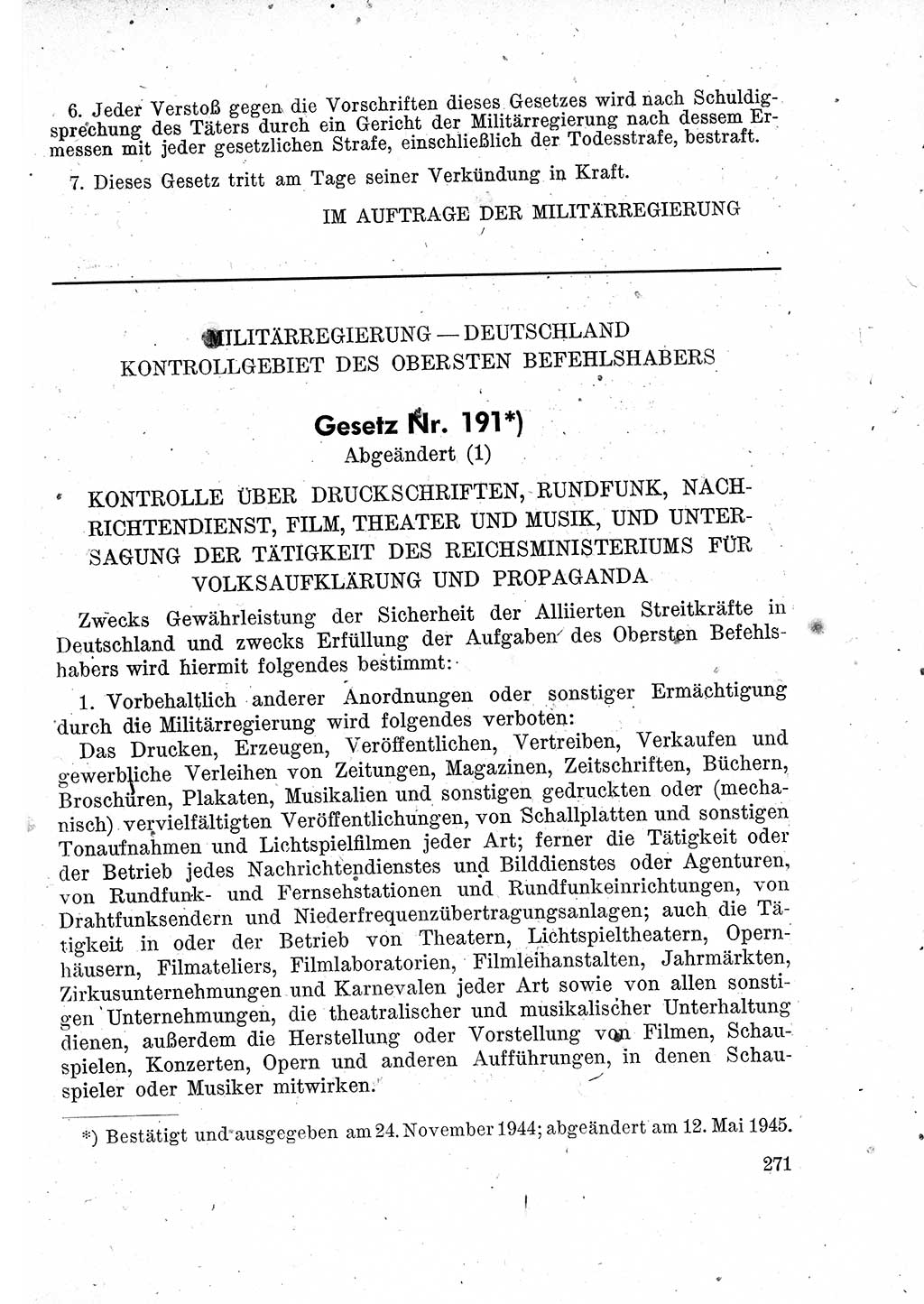 Das Recht der Besatzungsmacht (Deutschland), Proklamationen, Deklerationen, Verordnungen, Gesetze und Bekanntmachungen 1947, Seite 271 (R. Bes. Dtl. 1947, S. 271)