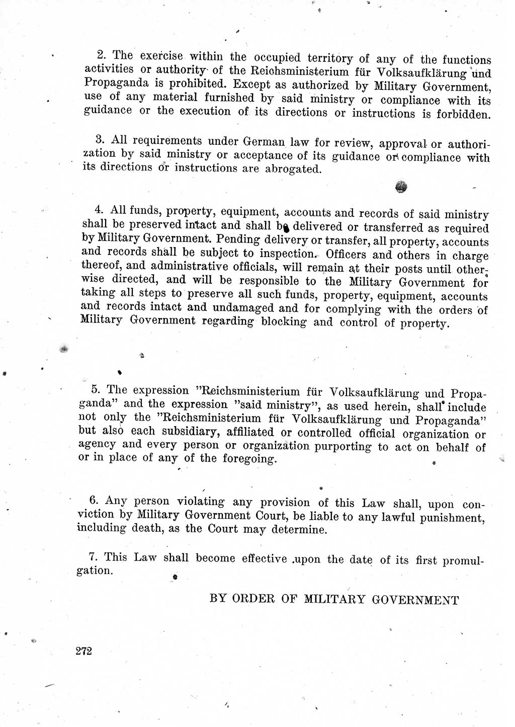 Das Recht der Besatzungsmacht (Deutschland), Proklamationen, Deklerationen, Verordnungen, Gesetze und Bekanntmachungen 1947, Seite 272 (R. Bes. Dtl. 1947, S. 272)