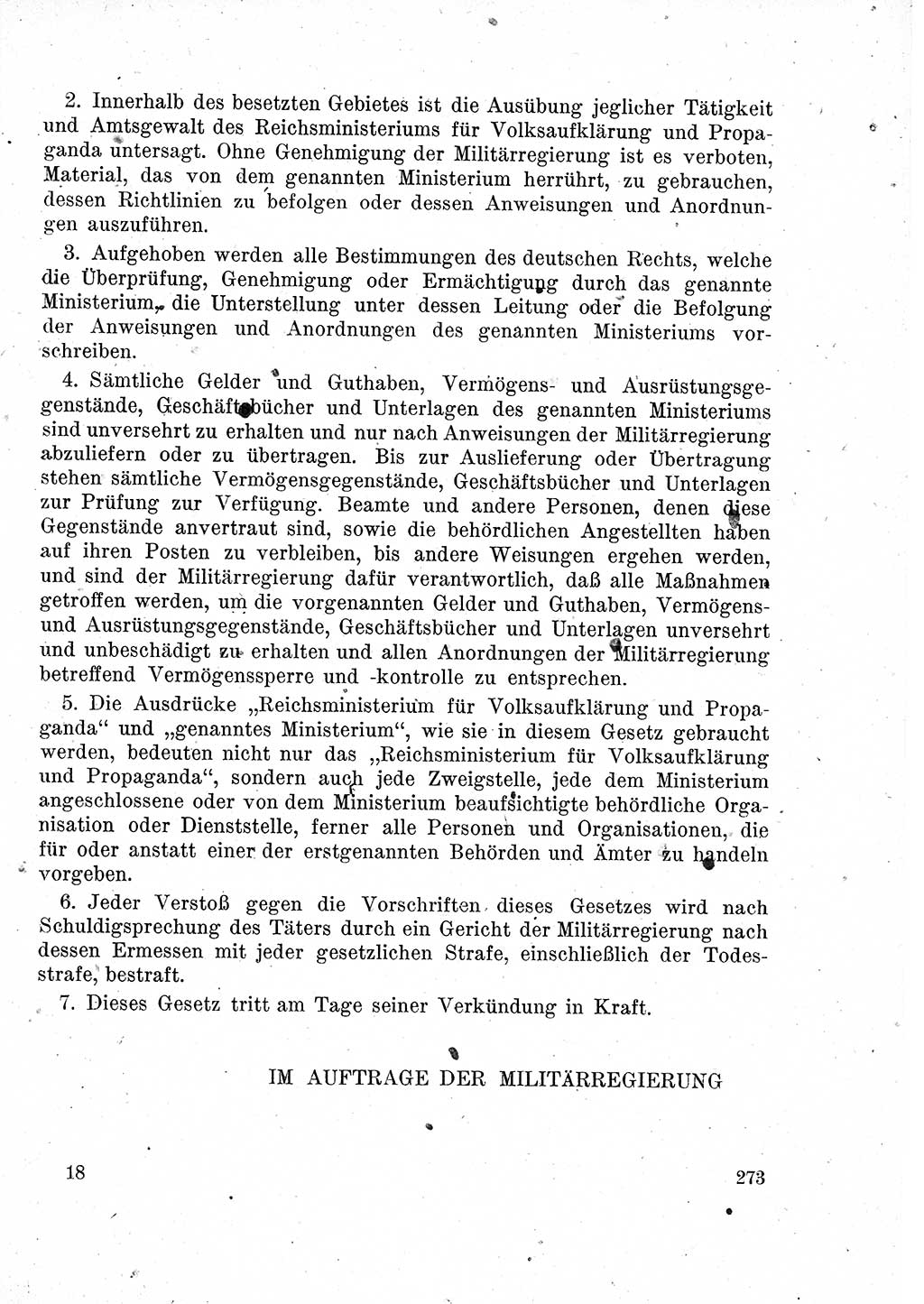 Das Recht der Besatzungsmacht (Deutschland), Proklamationen, Deklerationen, Verordnungen, Gesetze und Bekanntmachungen 1947, Seite 273 (R. Bes. Dtl. 1947, S. 273)