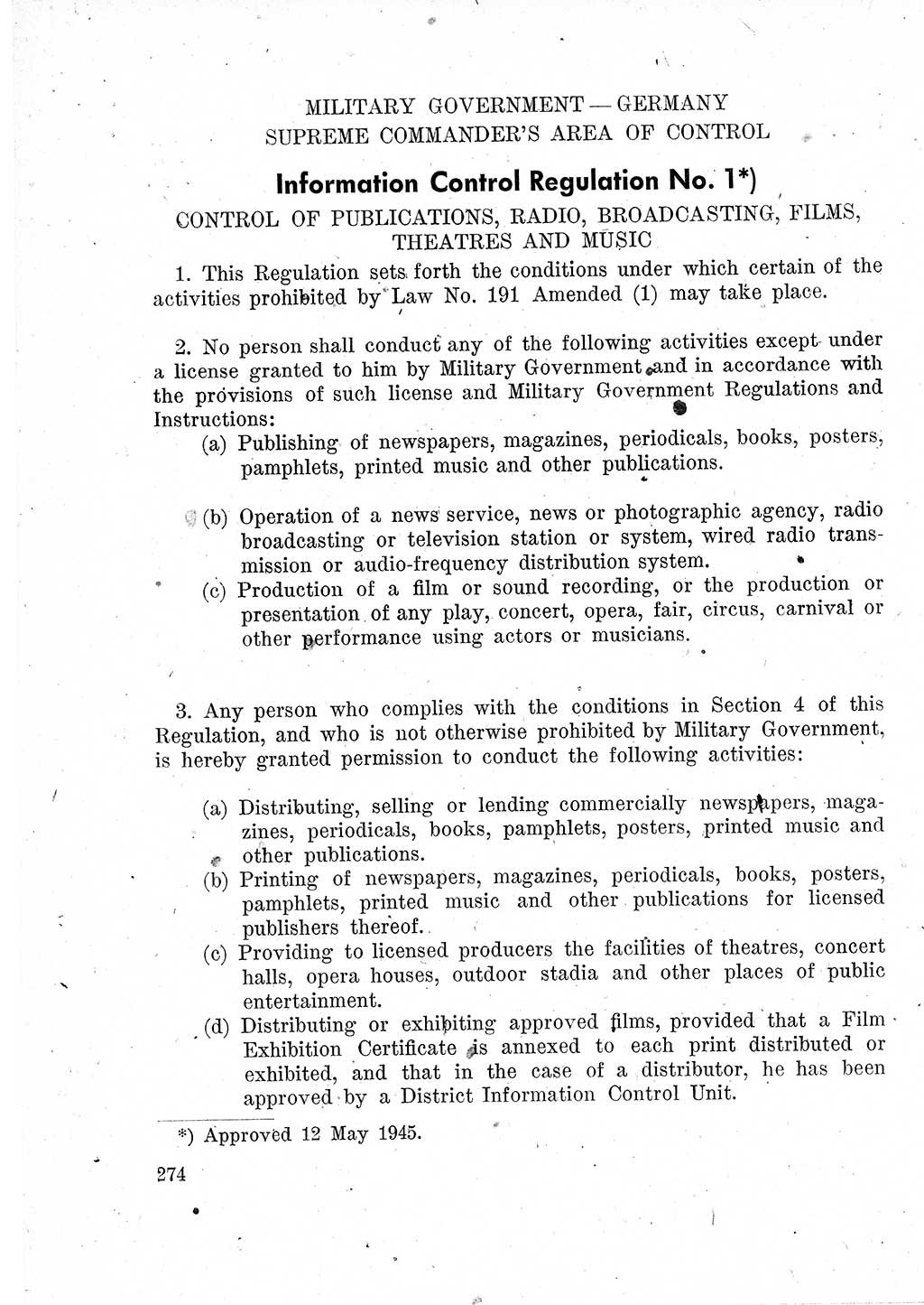 Das Recht der Besatzungsmacht (Deutschland), Proklamationen, Deklerationen, Verordnungen, Gesetze und Bekanntmachungen 1947, Seite 274 (R. Bes. Dtl. 1947, S. 274)