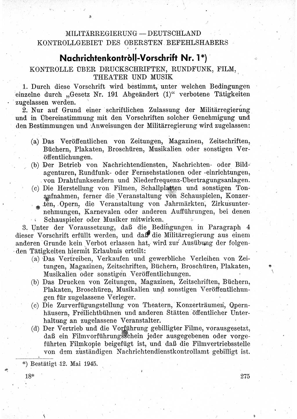Das Recht der Besatzungsmacht (Deutschland), Proklamationen, Deklerationen, Verordnungen, Gesetze und Bekanntmachungen 1947, Seite 275 (R. Bes. Dtl. 1947, S. 275)