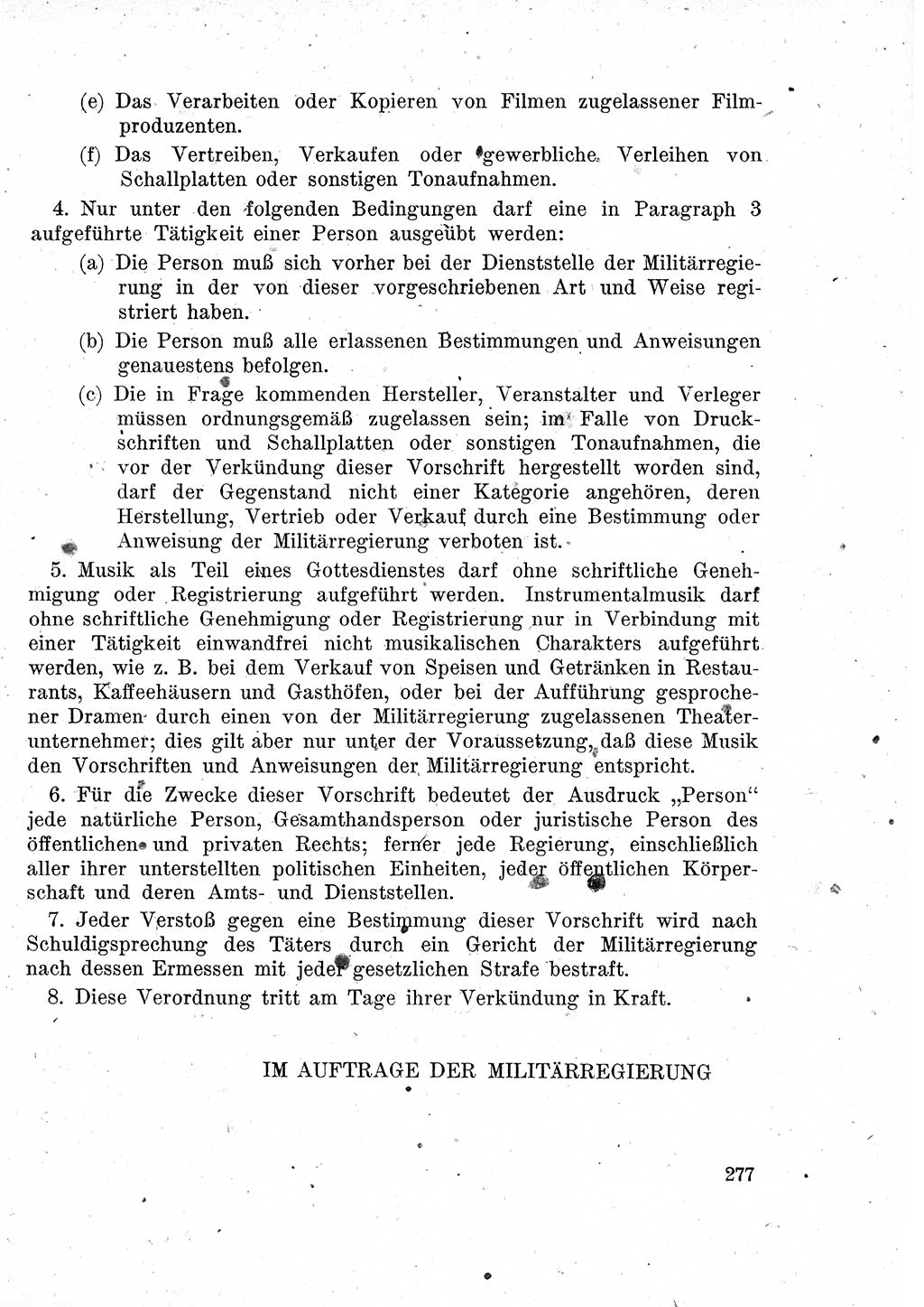 Das Recht der Besatzungsmacht (Deutschland), Proklamationen, Deklerationen, Verordnungen, Gesetze und Bekanntmachungen 1947, Seite 277 (R. Bes. Dtl. 1947, S. 277)