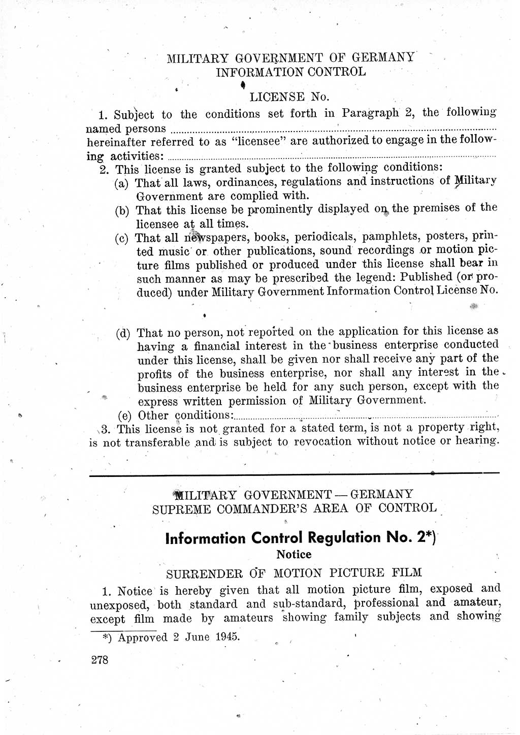 Das Recht der Besatzungsmacht (Deutschland), Proklamationen, Deklerationen, Verordnungen, Gesetze und Bekanntmachungen 1947, Seite 278 (R. Bes. Dtl. 1947, S. 278)
