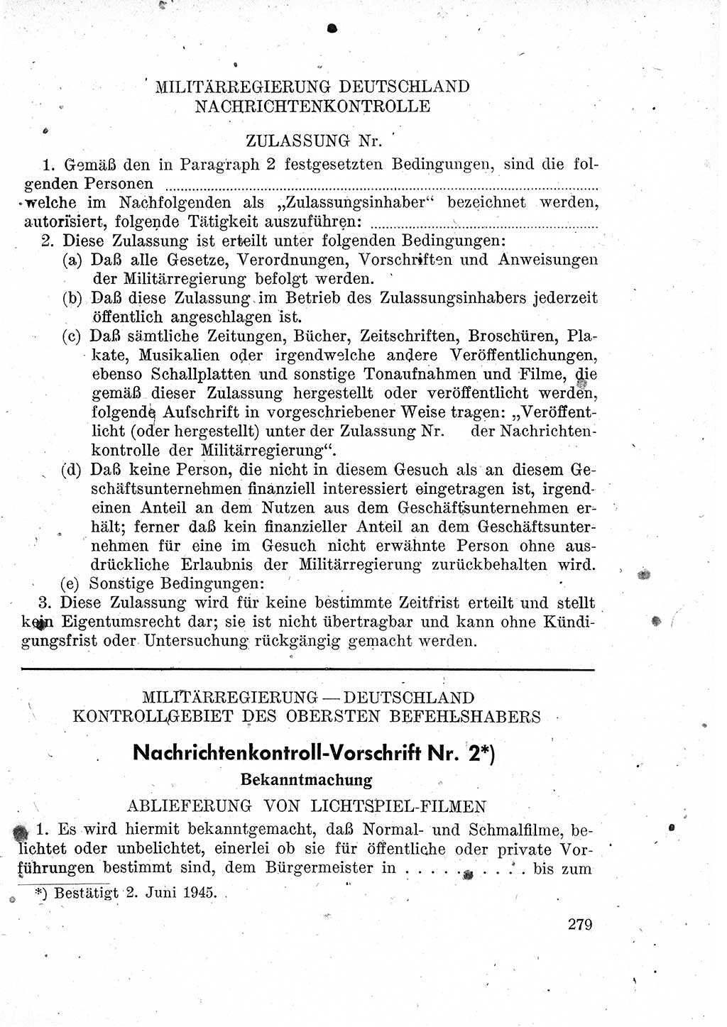 Das Recht der Besatzungsmacht (Deutschland), Proklamationen, Deklerationen, Verordnungen, Gesetze und Bekanntmachungen 1947, Seite 279 (R. Bes. Dtl. 1947, S. 279)