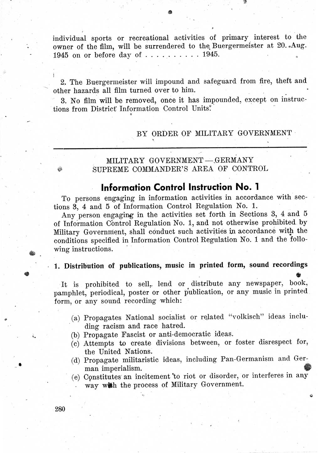 Das Recht der Besatzungsmacht (Deutschland), Proklamationen, Deklerationen, Verordnungen, Gesetze und Bekanntmachungen 1947, Seite 280 (R. Bes. Dtl. 1947, S. 280)