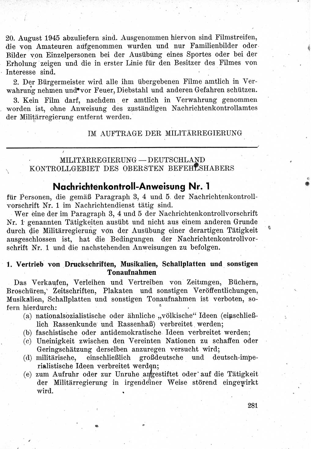 Das Recht der Besatzungsmacht (Deutschland), Proklamationen, Deklerationen, Verordnungen, Gesetze und Bekanntmachungen 1947, Seite 281 (R. Bes. Dtl. 1947, S. 281)