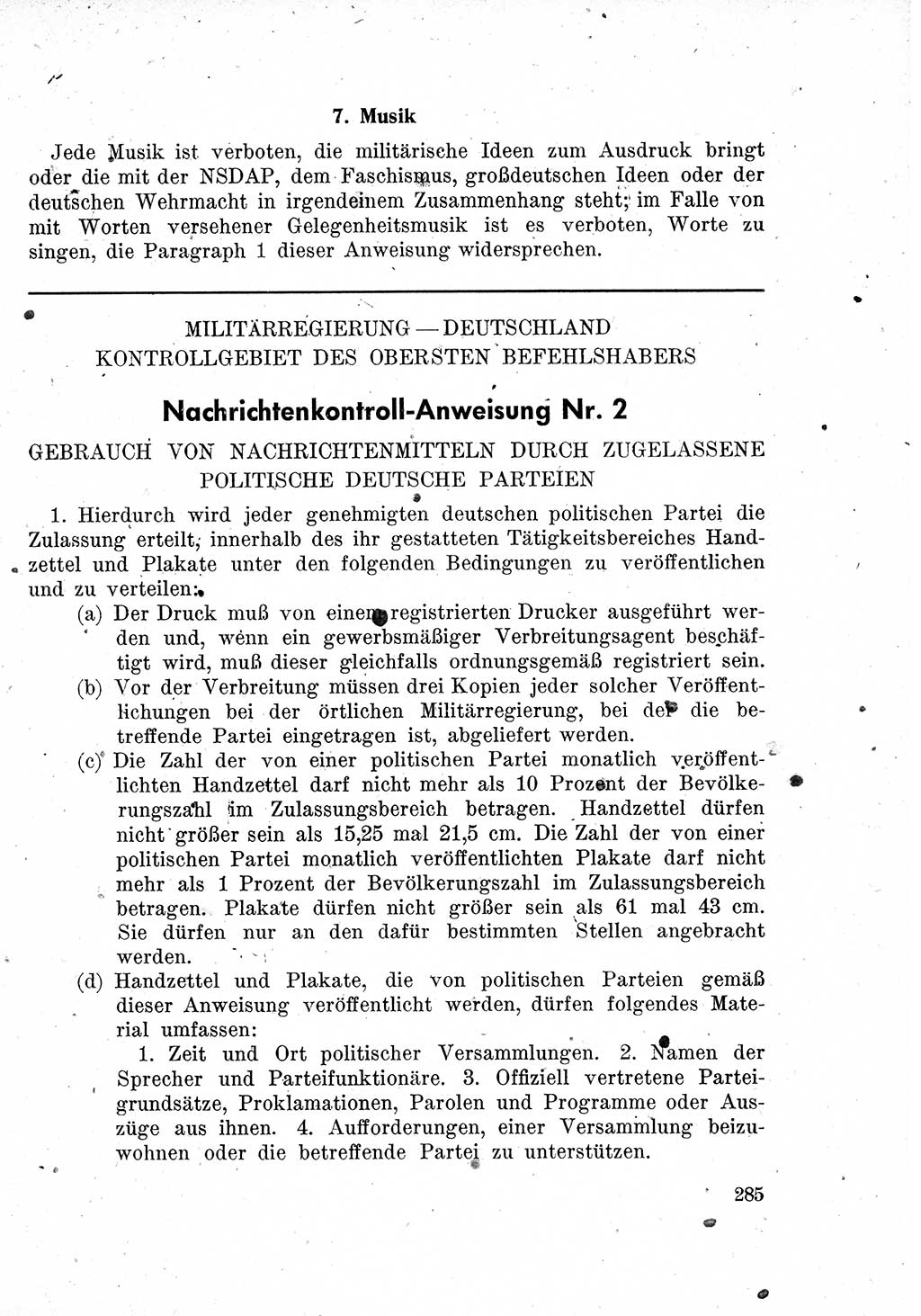 Das Recht der Besatzungsmacht (Deutschland), Proklamationen, Deklerationen, Verordnungen, Gesetze und Bekanntmachungen 1947, Seite 285 (R. Bes. Dtl. 1947, S. 285)