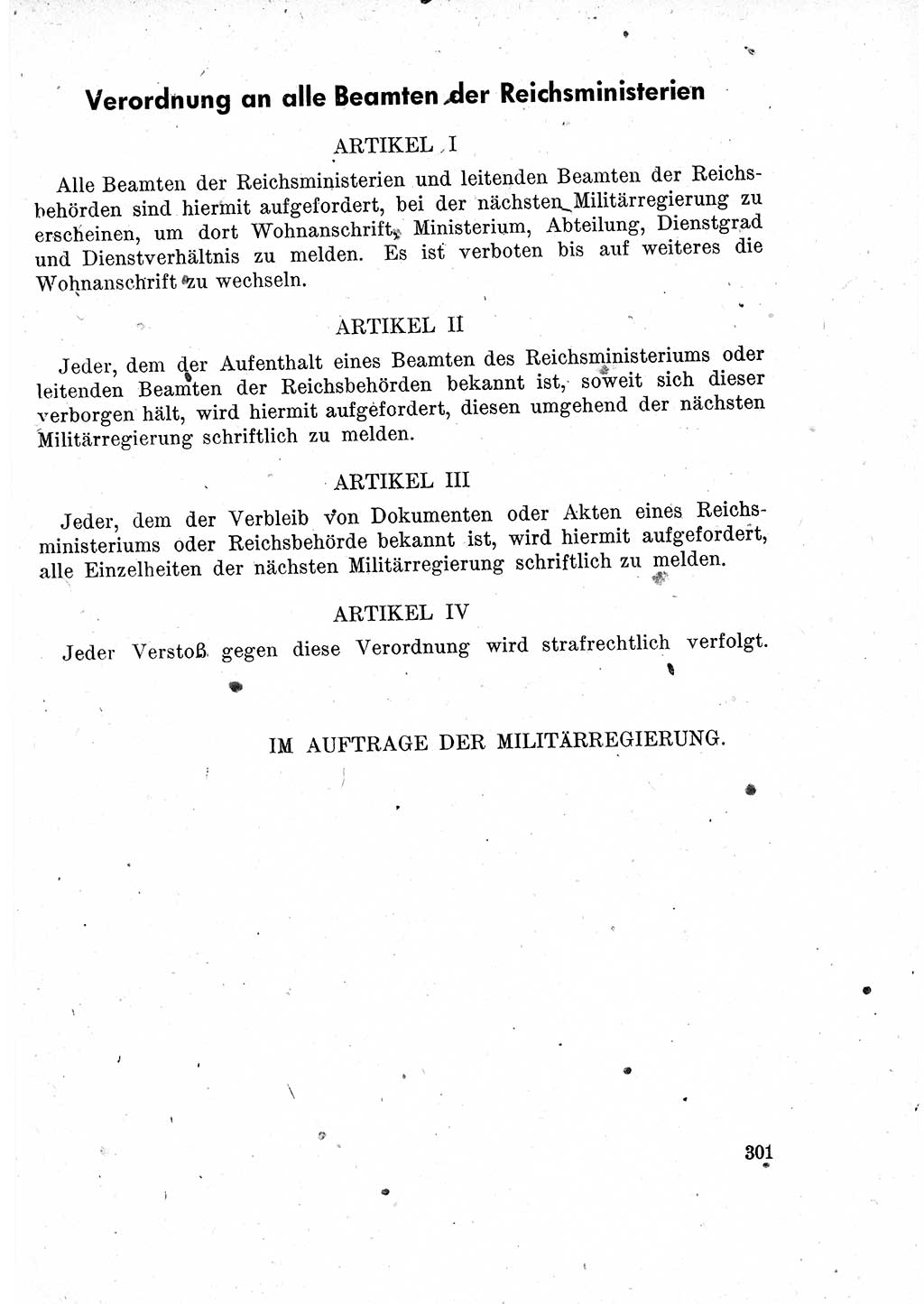 Das Recht der Besatzungsmacht (Deutschland), Proklamationen, Deklerationen, Verordnungen, Gesetze und Bekanntmachungen 1947, Seite 301 (R. Bes. Dtl. 1947, S. 301)