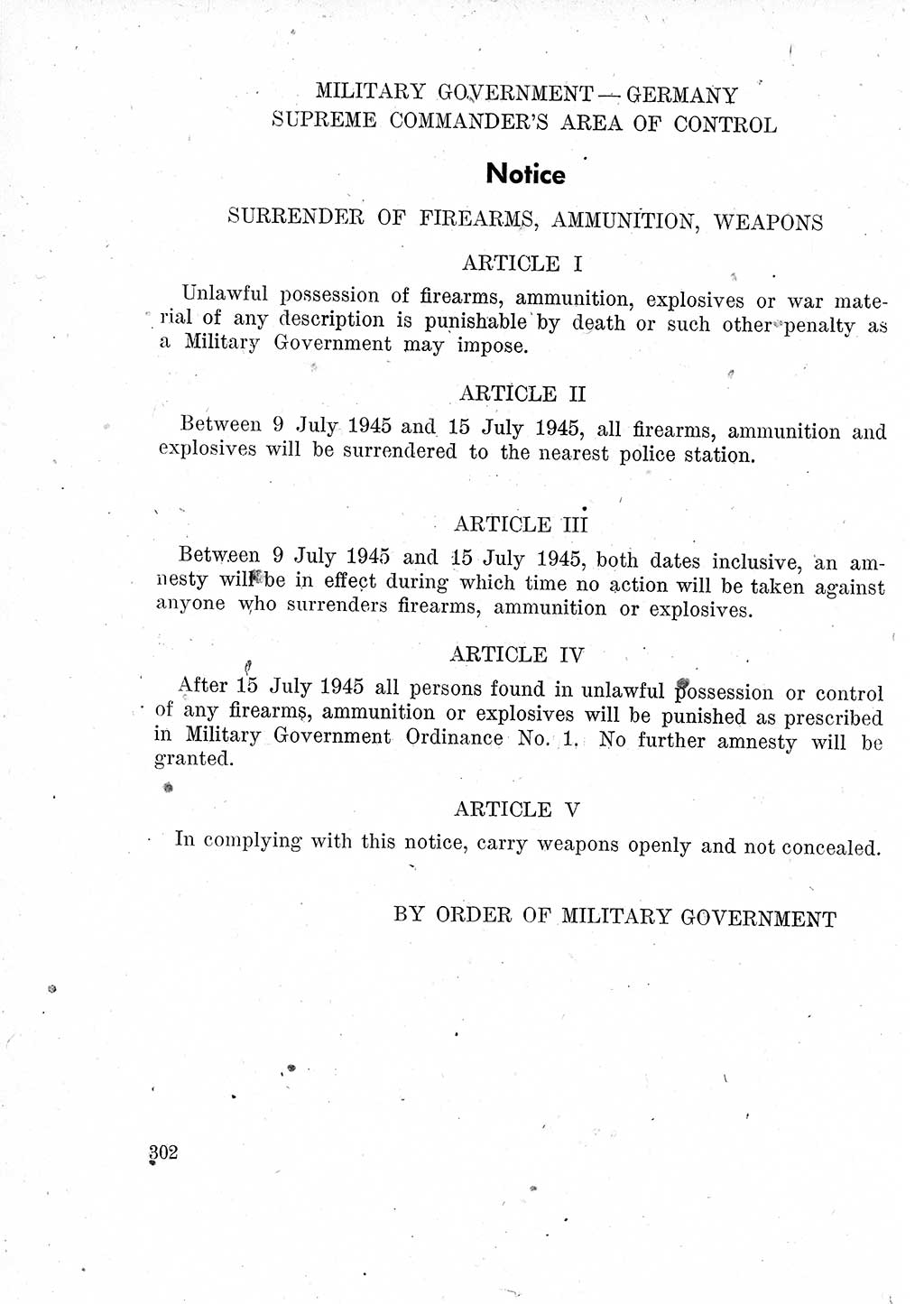Das Recht der Besatzungsmacht (Deutschland), Proklamationen, Deklerationen, Verordnungen, Gesetze und Bekanntmachungen 1947, Seite 302 (R. Bes. Dtl. 1947, S. 302)
