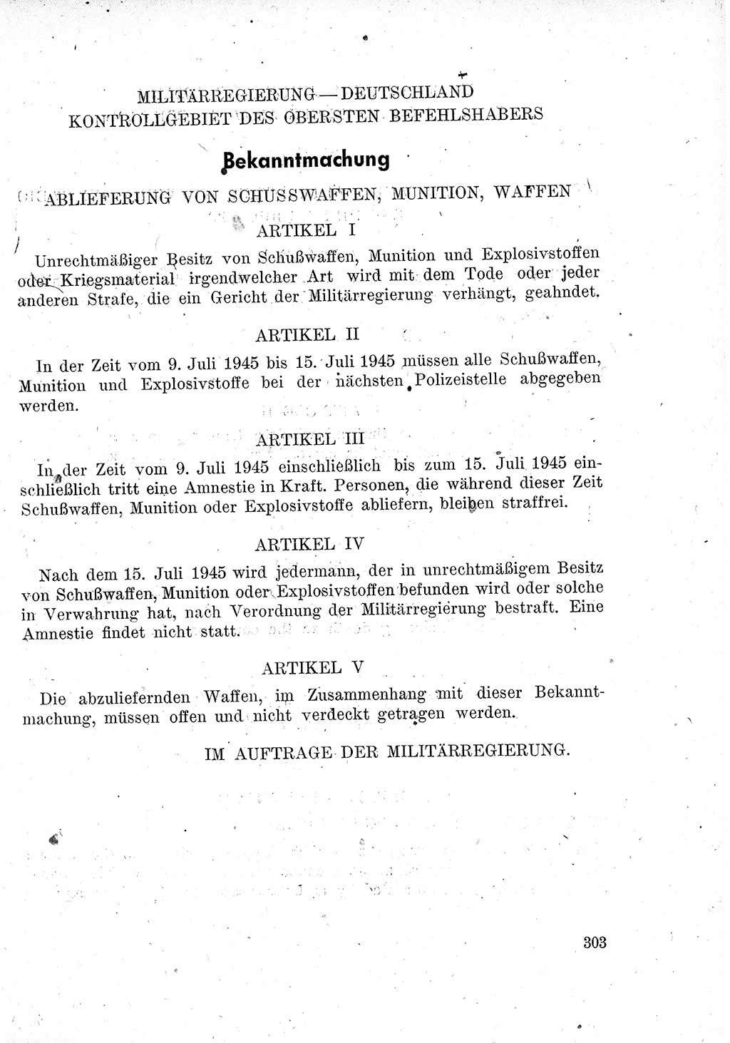 Das Recht der Besatzungsmacht (Deutschland), Proklamationen, Deklerationen, Verordnungen, Gesetze und Bekanntmachungen 1947, Seite 303 (R. Bes. Dtl. 1947, S. 303)