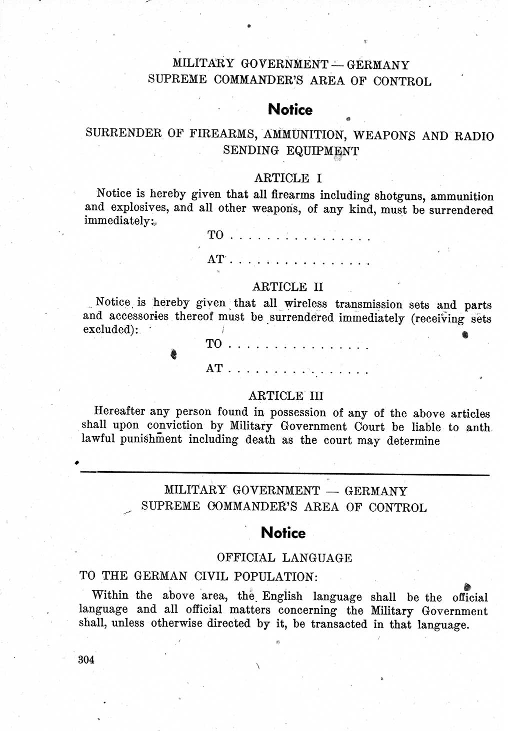 Das Recht der Besatzungsmacht (Deutschland), Proklamationen, Deklerationen, Verordnungen, Gesetze und Bekanntmachungen 1947, Seite 304 (R. Bes. Dtl. 1947, S. 304)