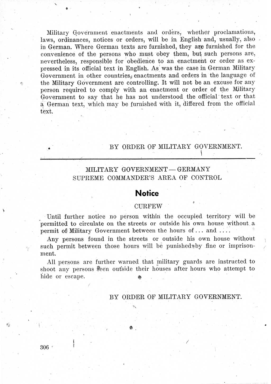 Das Recht der Besatzungsmacht (Deutschland), Proklamationen, Deklerationen, Verordnungen, Gesetze und Bekanntmachungen 1947, Seite 306 (R. Bes. Dtl. 1947, S. 306)