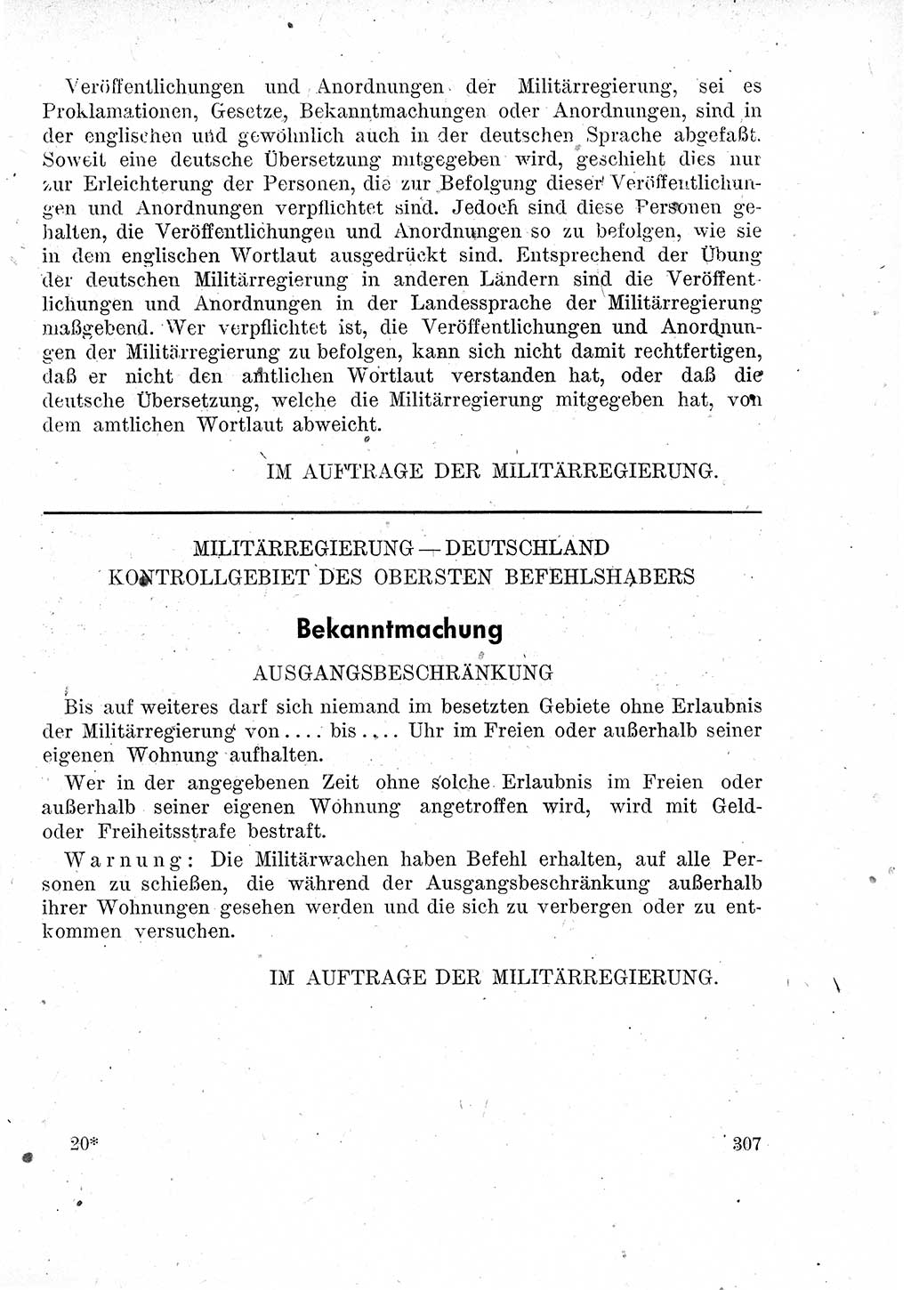 Das Recht der Besatzungsmacht (Deutschland), Proklamationen, Deklerationen, Verordnungen, Gesetze und Bekanntmachungen 1947, Seite 307 (R. Bes. Dtl. 1947, S. 307)