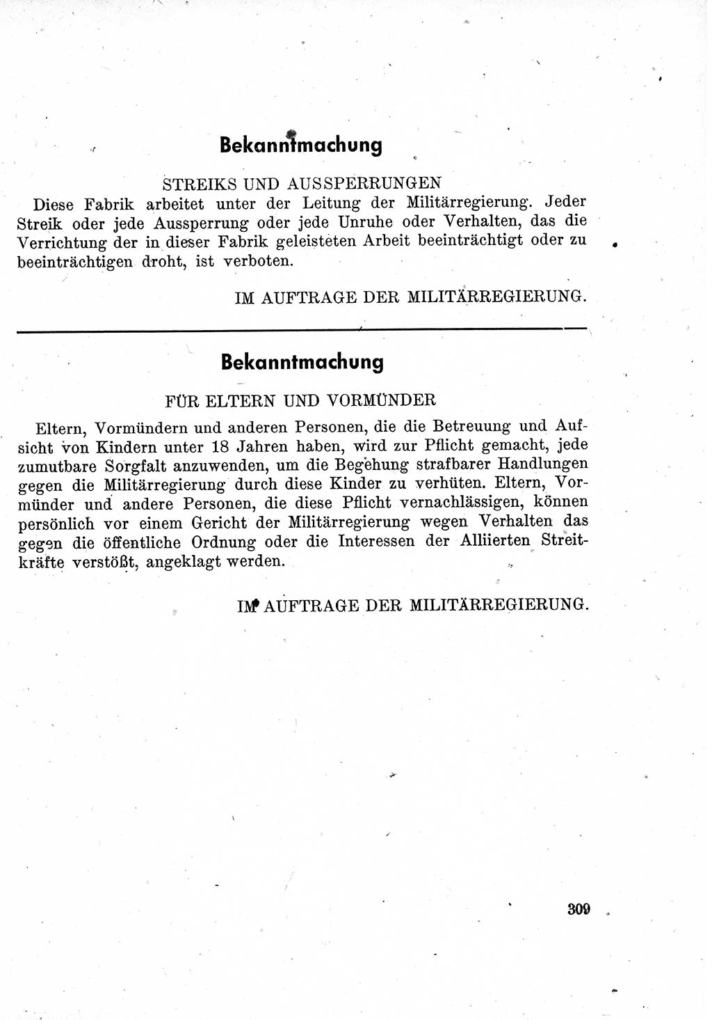 Das Recht der Besatzungsmacht (Deutschland), Proklamationen, Deklerationen, Verordnungen, Gesetze und Bekanntmachungen 1947, Seite 309 (R. Bes. Dtl. 1947, S. 309)