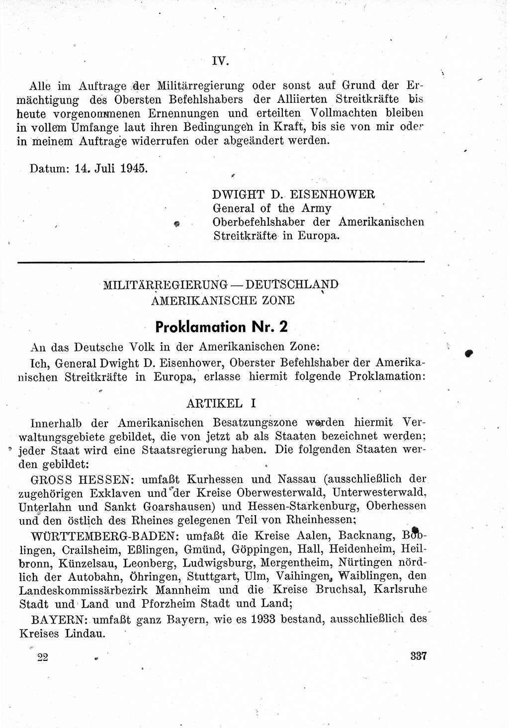 Das Recht der Besatzungsmacht (Deutschland), Proklamationen, Deklerationen, Verordnungen, Gesetze und Bekanntmachungen 1947, Seite 337 (R. Bes. Dtl. 1947, S. 337)