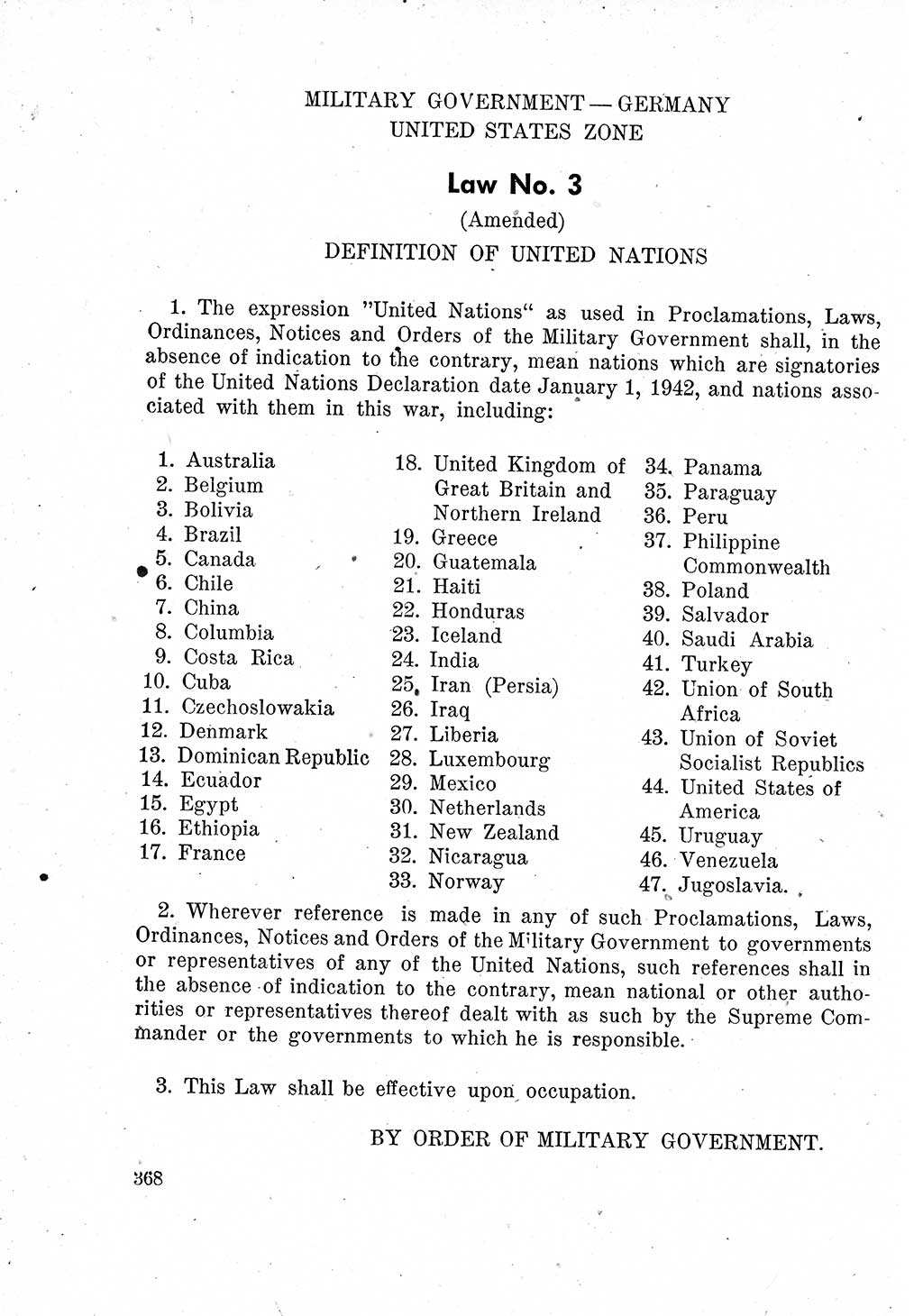 Das Recht der Besatzungsmacht (Deutschland), Proklamationen, Deklerationen, Verordnungen, Gesetze und Bekanntmachungen 1947, Seite 368 (R. Bes. Dtl. 1947, S. 368)