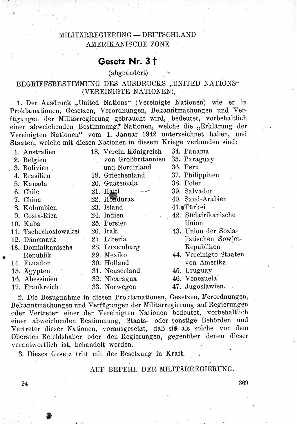 Das Recht der Besatzungsmacht (Deutschland), Proklamationen, Deklerationen, Verordnungen, Gesetze und Bekanntmachungen 1947, Seite 369 (R. Bes. Dtl. 1947, S. 369)