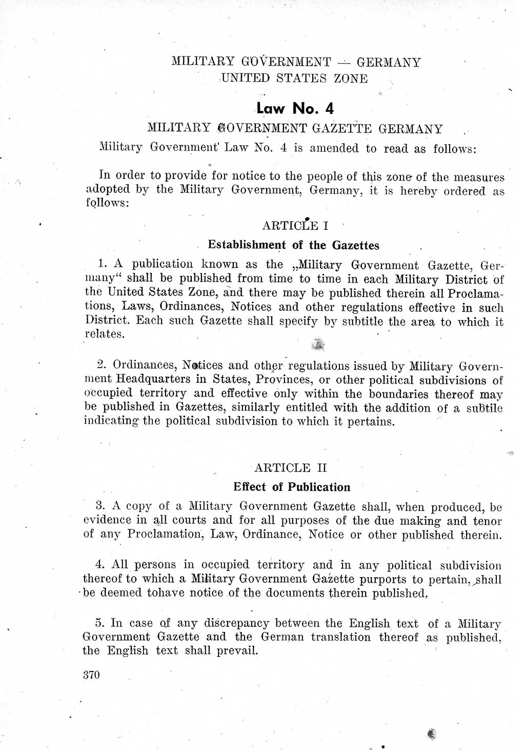 Das Recht der Besatzungsmacht (Deutschland), Proklamationen, Deklerationen, Verordnungen, Gesetze und Bekanntmachungen 1947, Seite 370 (R. Bes. Dtl. 1947, S. 370)