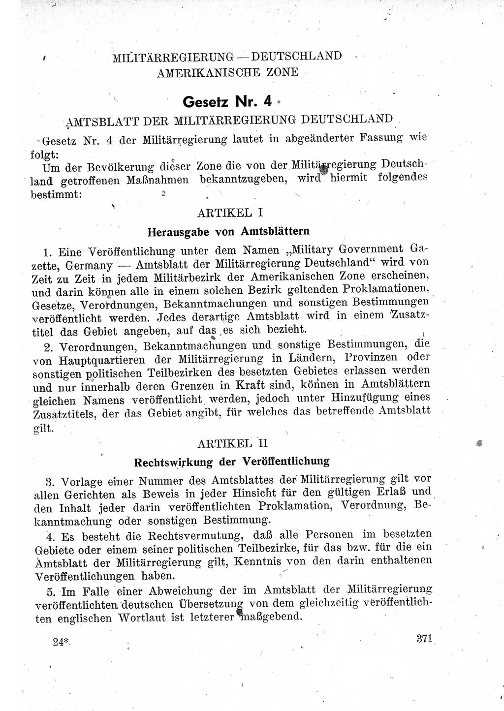 Das Recht der Besatzungsmacht (Deutschland), Proklamationen, Deklerationen, Verordnungen, Gesetze und Bekanntmachungen 1947, Seite 371 (R. Bes. Dtl. 1947, S. 371)