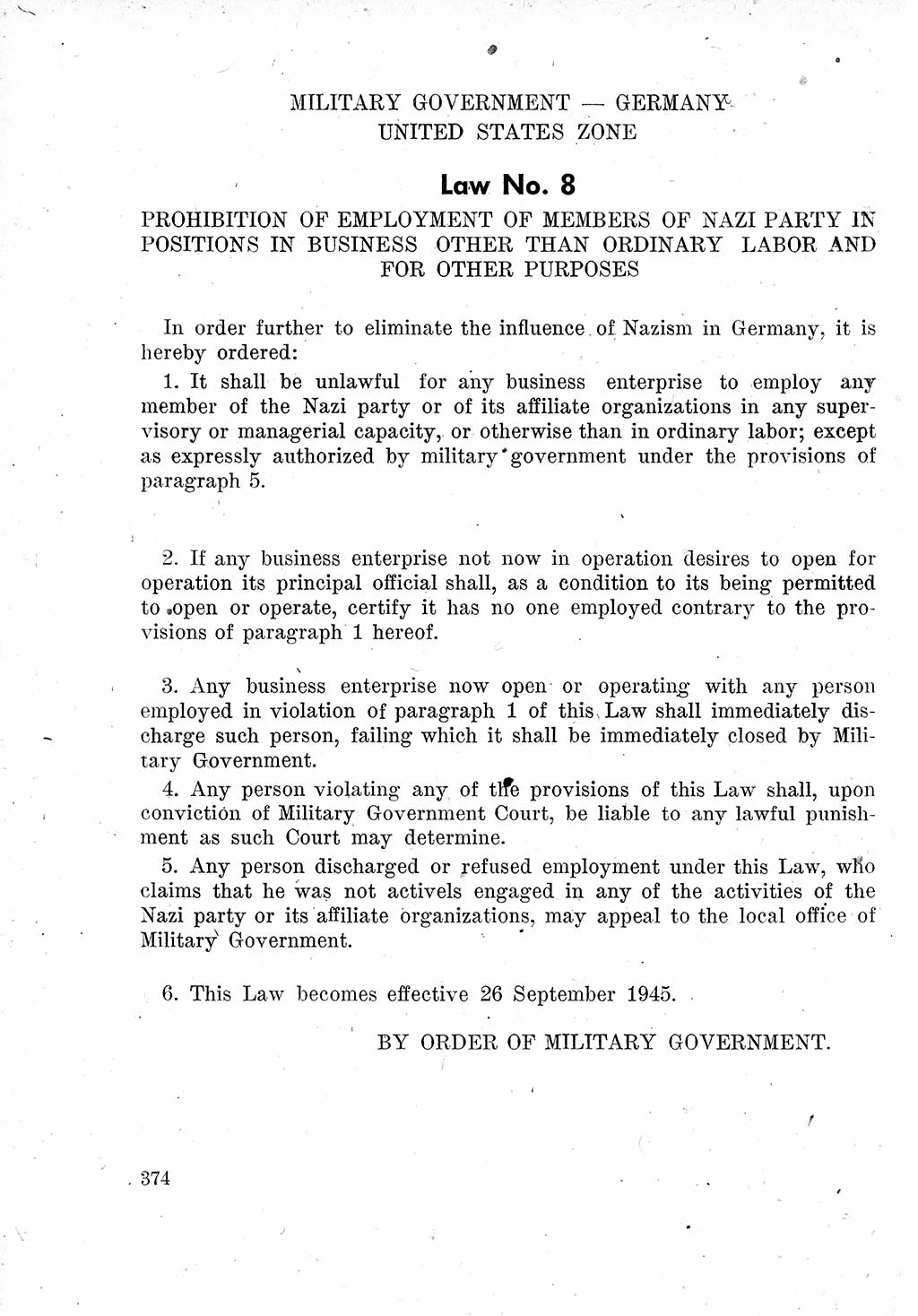 Das Recht der Besatzungsmacht (Deutschland), Proklamationen, Deklerationen, Verordnungen, Gesetze und Bekanntmachungen 1947, Seite 374 (R. Bes. Dtl. 1947, S. 374)