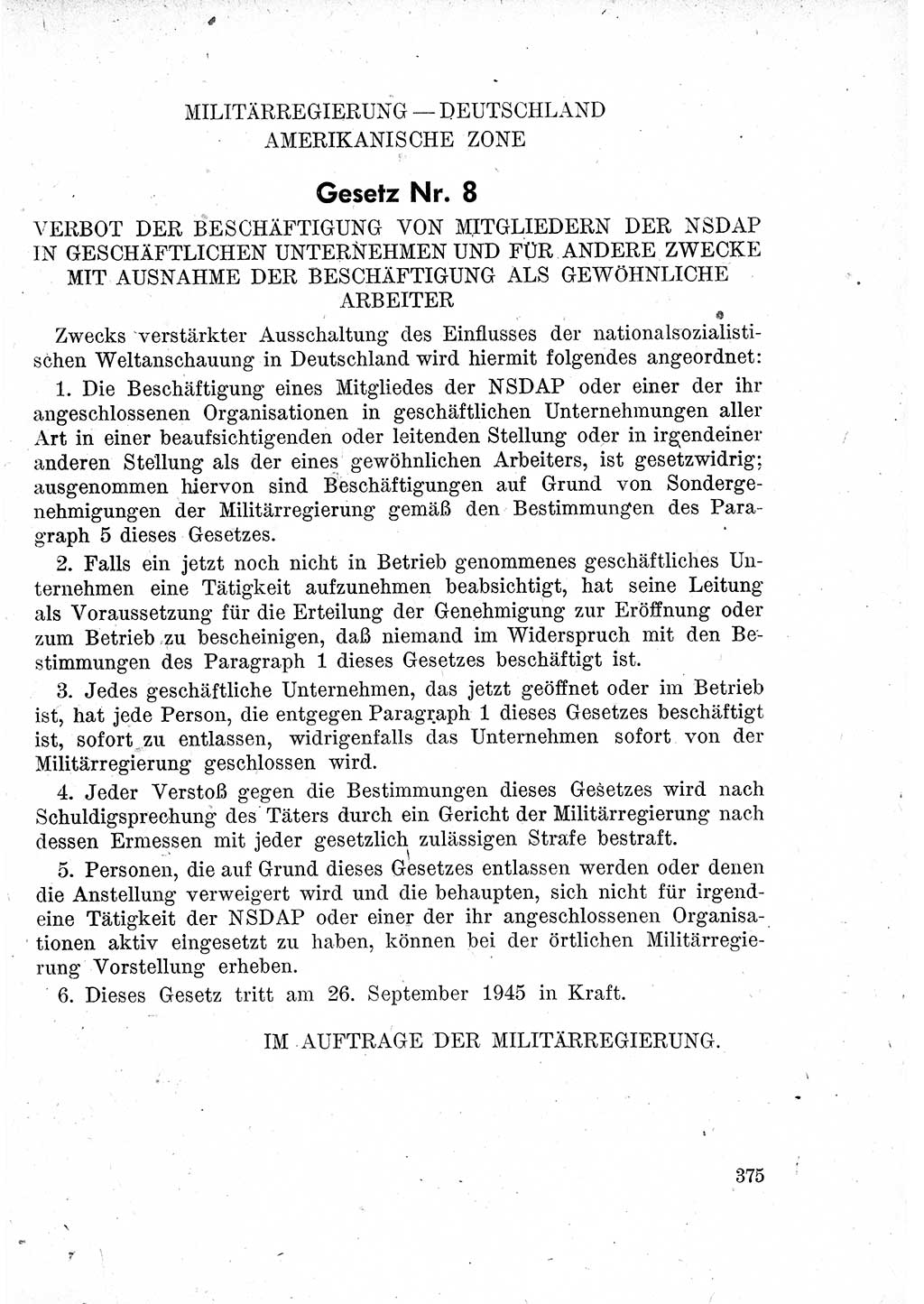 Das Recht der Besatzungsmacht (Deutschland), Proklamationen, Deklerationen, Verordnungen, Gesetze und Bekanntmachungen 1947, Seite 375 (R. Bes. Dtl. 1947, S. 375)