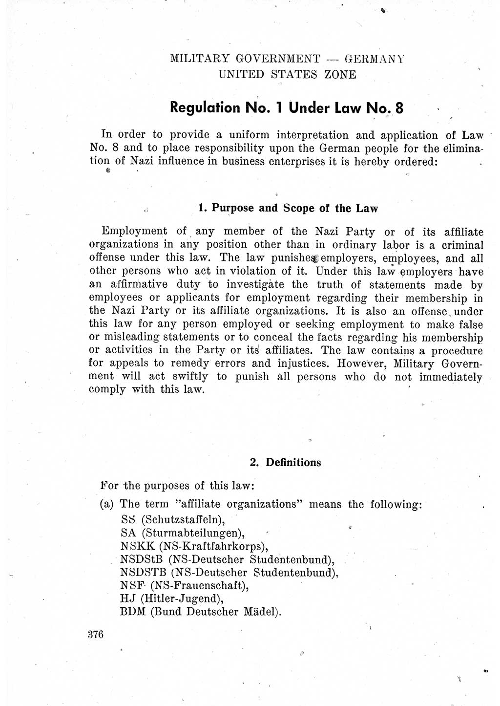 Das Recht der Besatzungsmacht (Deutschland), Proklamationen, Deklerationen, Verordnungen, Gesetze und Bekanntmachungen 1947, Seite 376 (R. Bes. Dtl. 1947, S. 376)